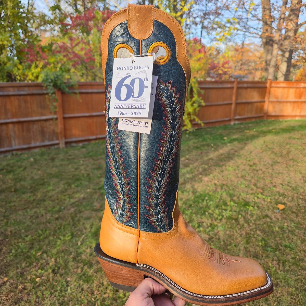 Hondo | Honey Crazy Horse Cowboy Boots – 16" Navy Volcano Tops (Wide Square Toe)