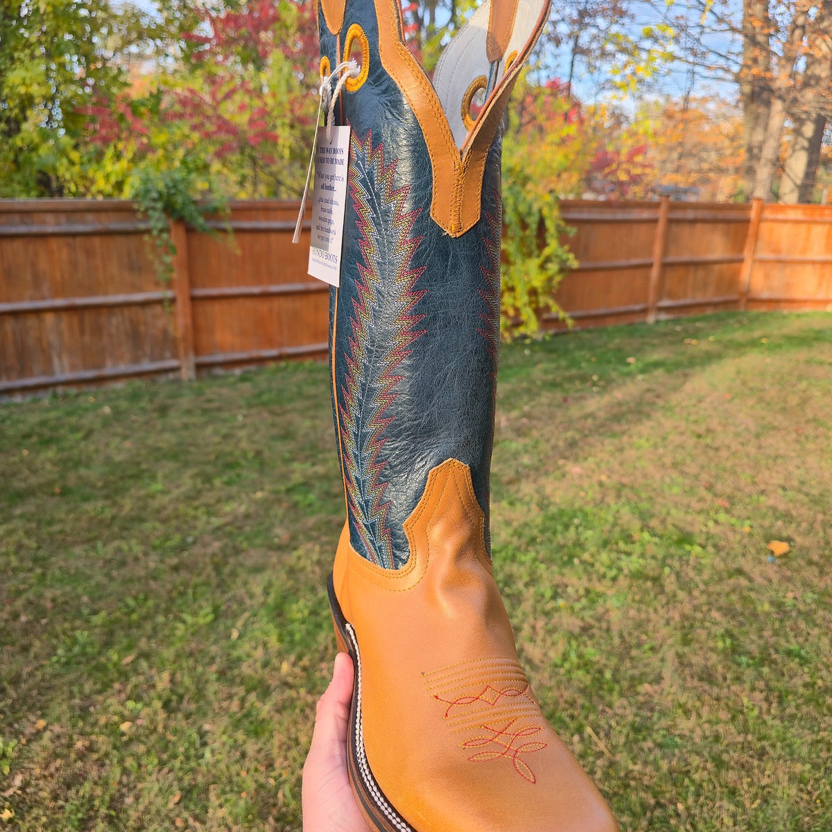 Hondo | Honey Crazy Horse Cowboy Boots – 16" Navy Volcano Tops (Wide Square Toe)