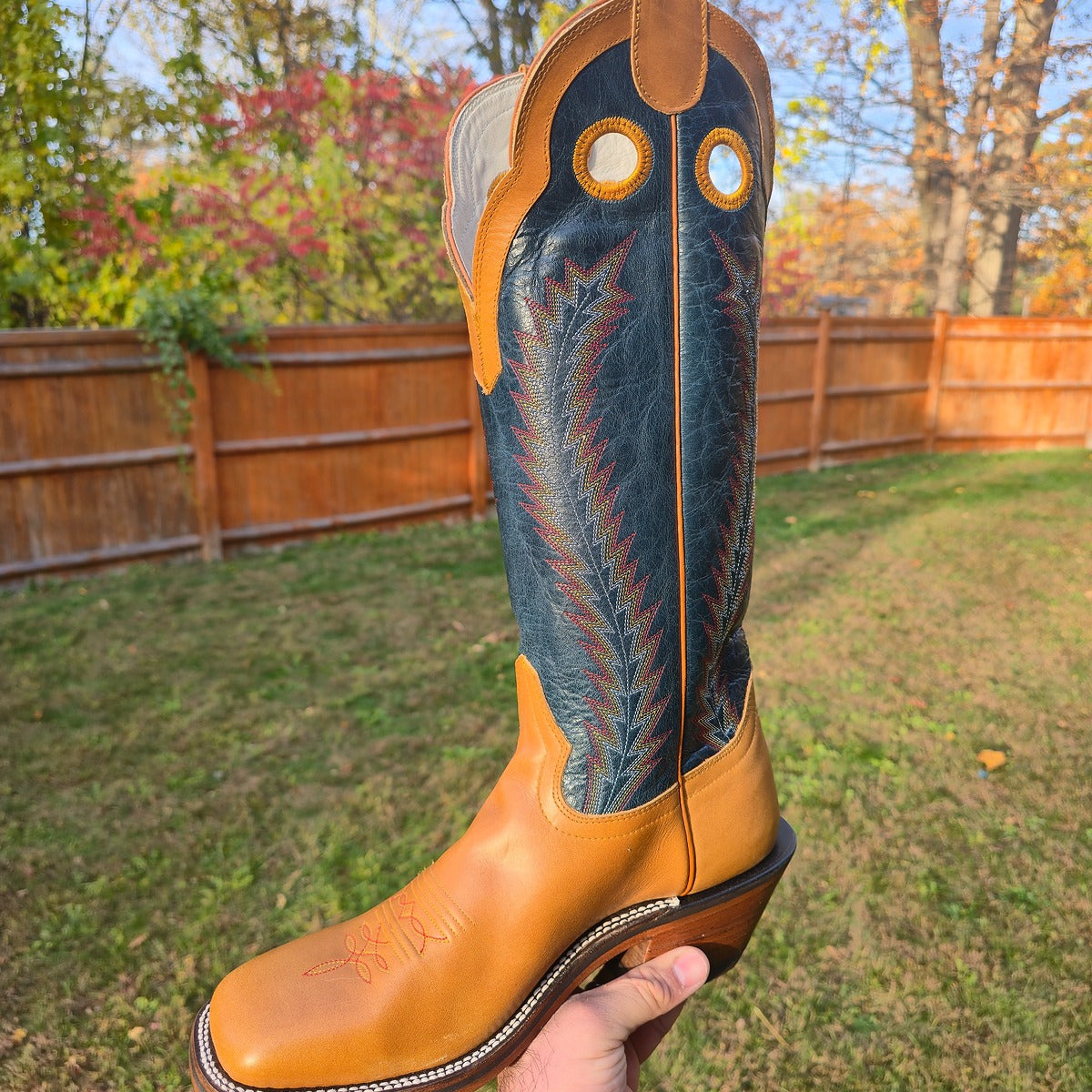 Hondo | Honey Crazy Horse Cowboy Boots – 16" Navy Volcano Tops (Wide Square Toe)