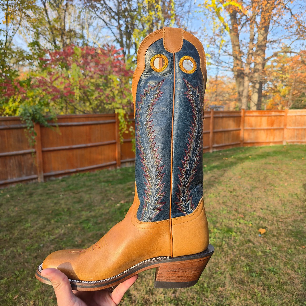 Hondo | Honey Crazy Horse Cowboy Boots – 16" Navy Volcano Tops (Wide Square Toe)