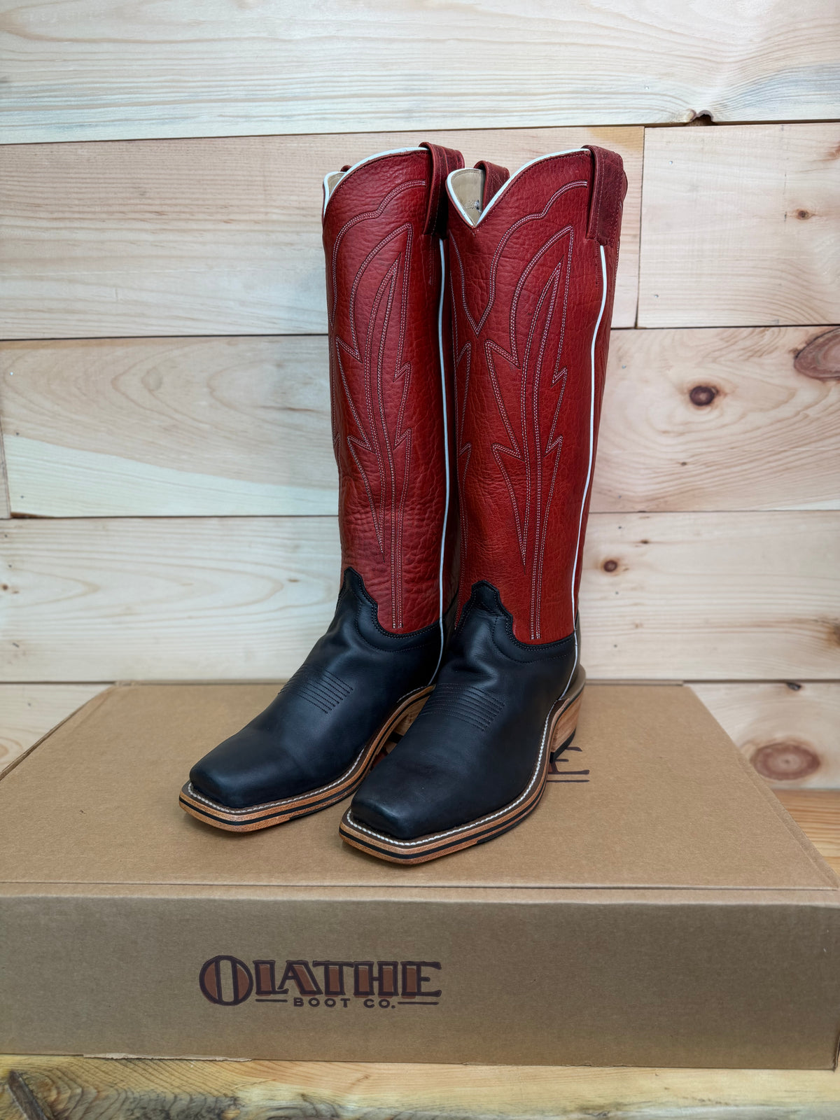 Olathe Boots | TT14 Reverse Black Wyoming Tall Top Cowboy Boots – 16” Deep Red Navajo Bison Tops (O Toe)