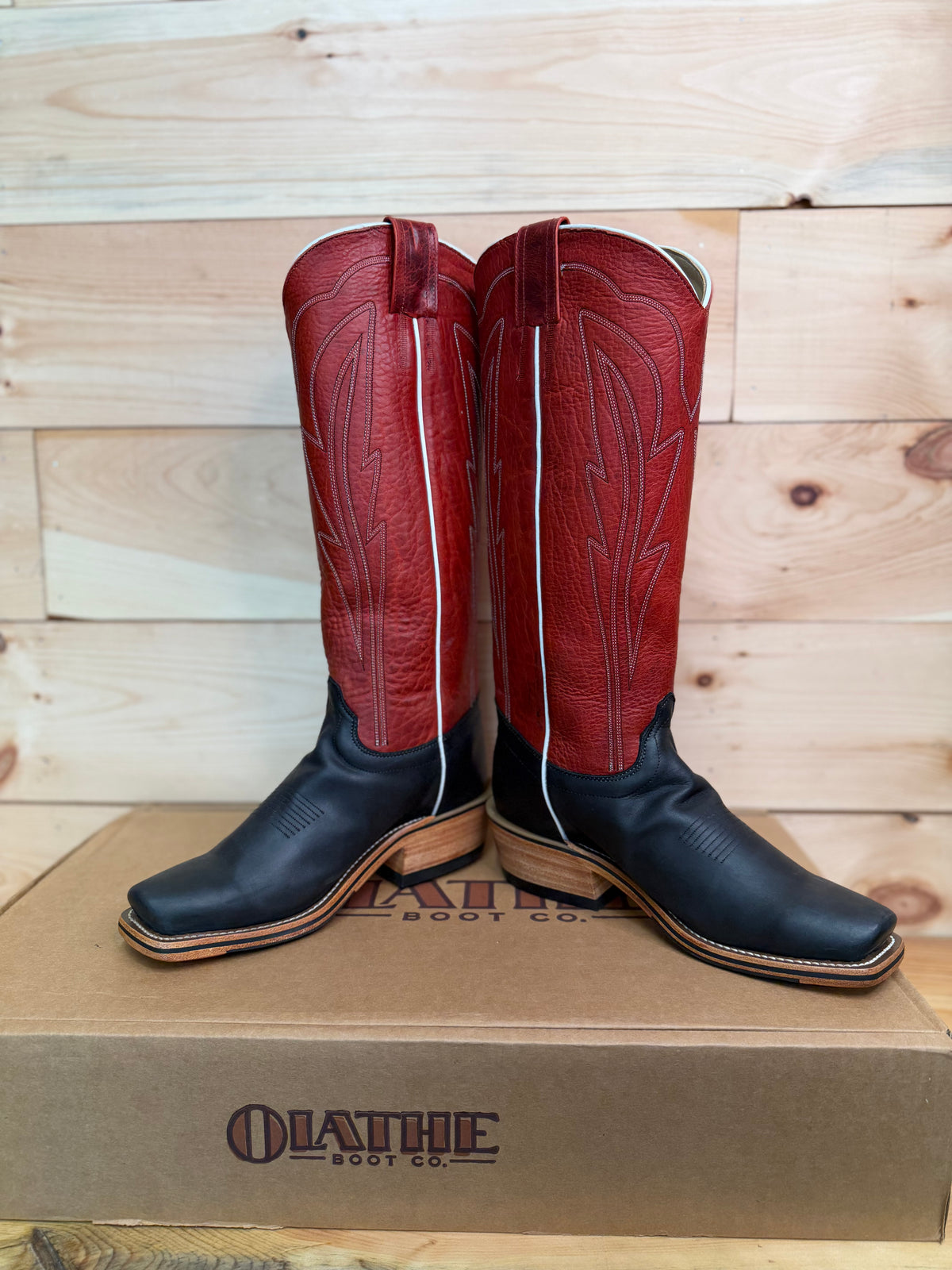 Olathe Boots | TT14 Reverse Black Wyoming Tall Top Cowboy Boots – 16” Deep Red Navajo Bison Tops (O Toe)