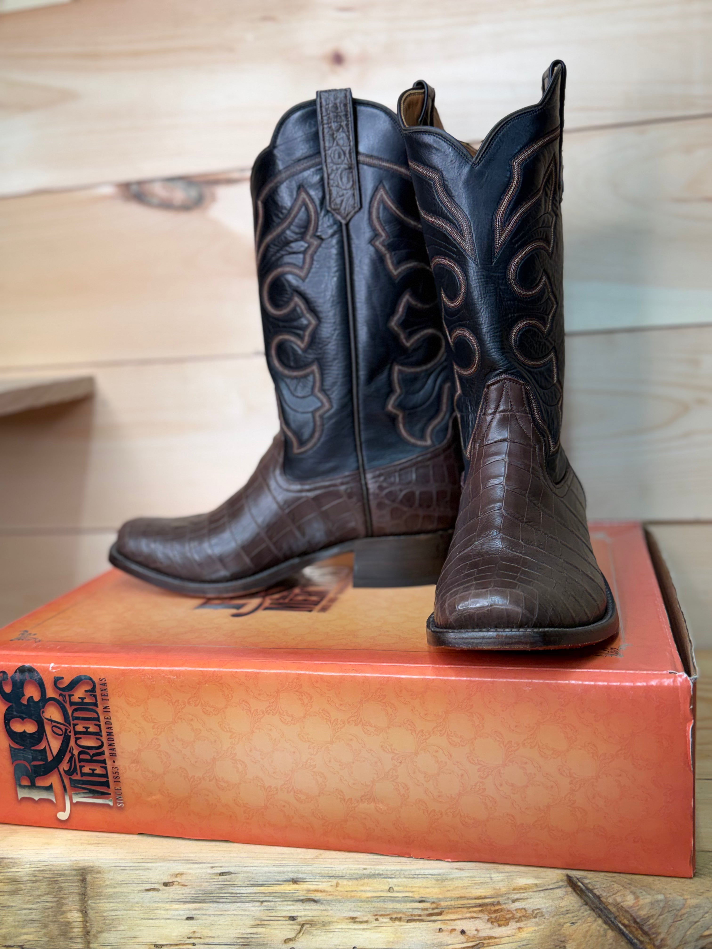 Rios of Mercedes | Chocolate Crocodile Belly Cowboy Boots – Cutter Toe, Black Calf Tops