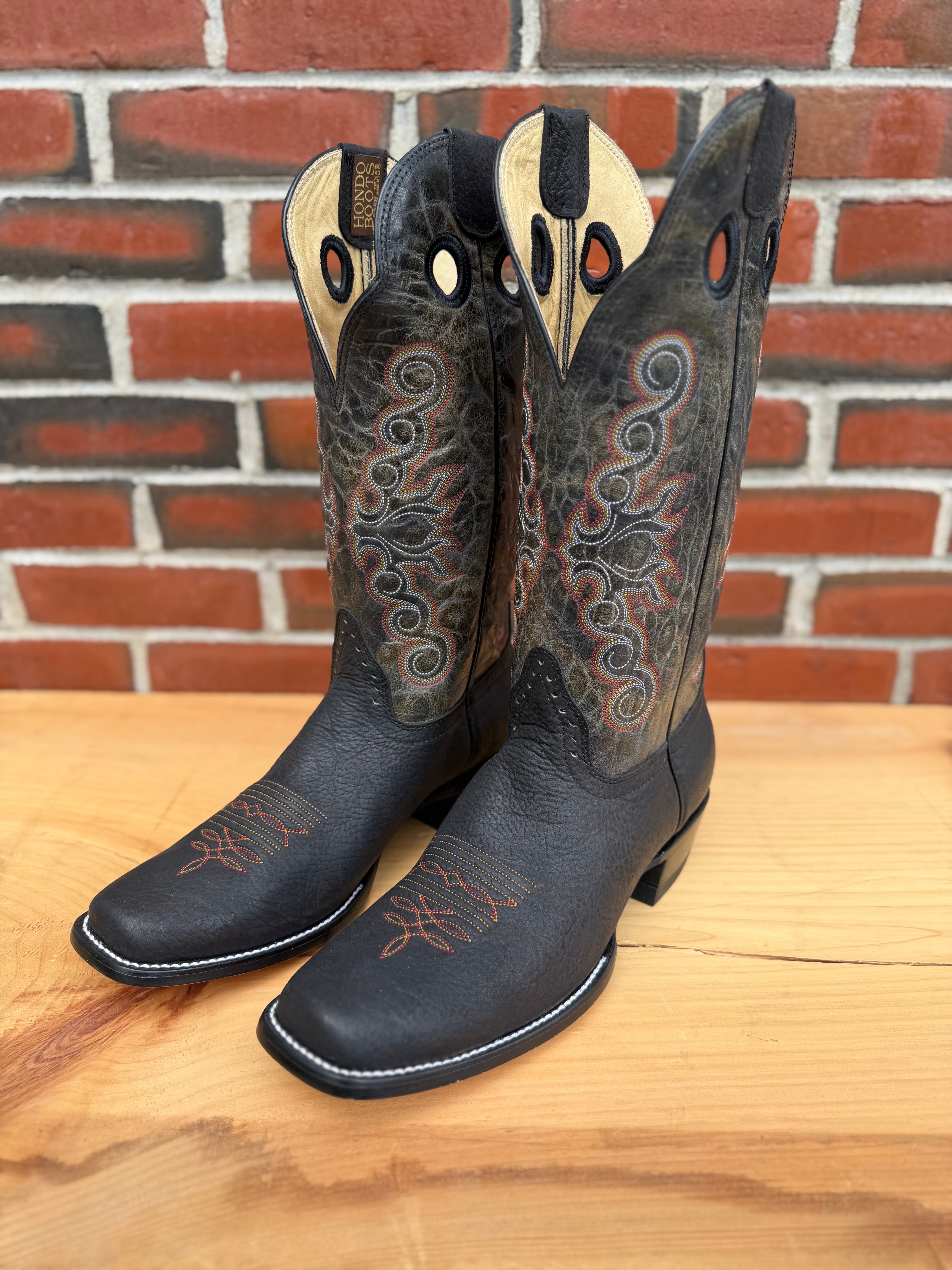Hondo Exclusive | Black Crazy Shoulder Cowboy Boots – 14" Black Crater Tops (Cutter Toe)