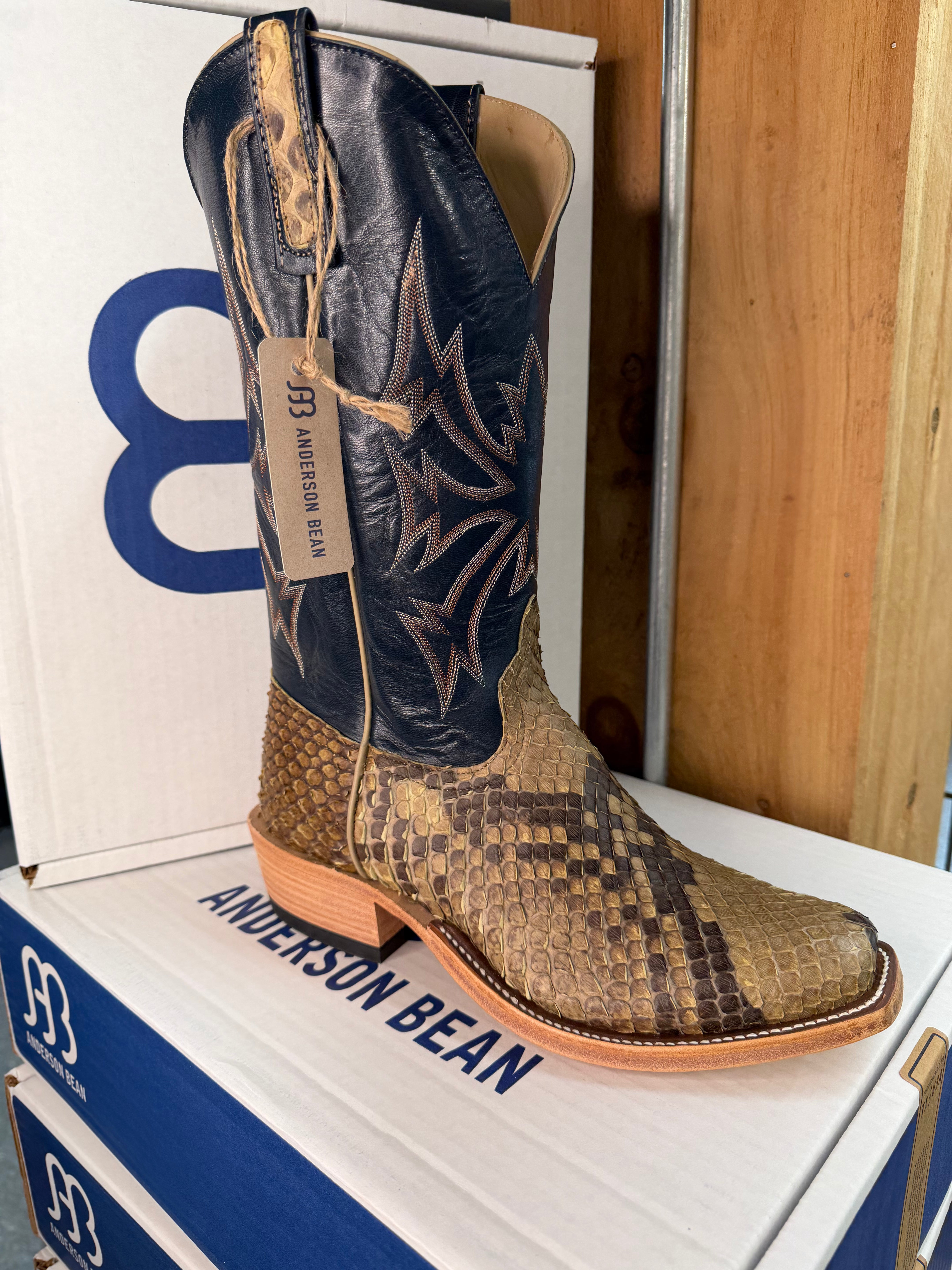 Anderson Bean | Natural Matte Giant Python Cowboy Boots – 13” Regal Blue Tops