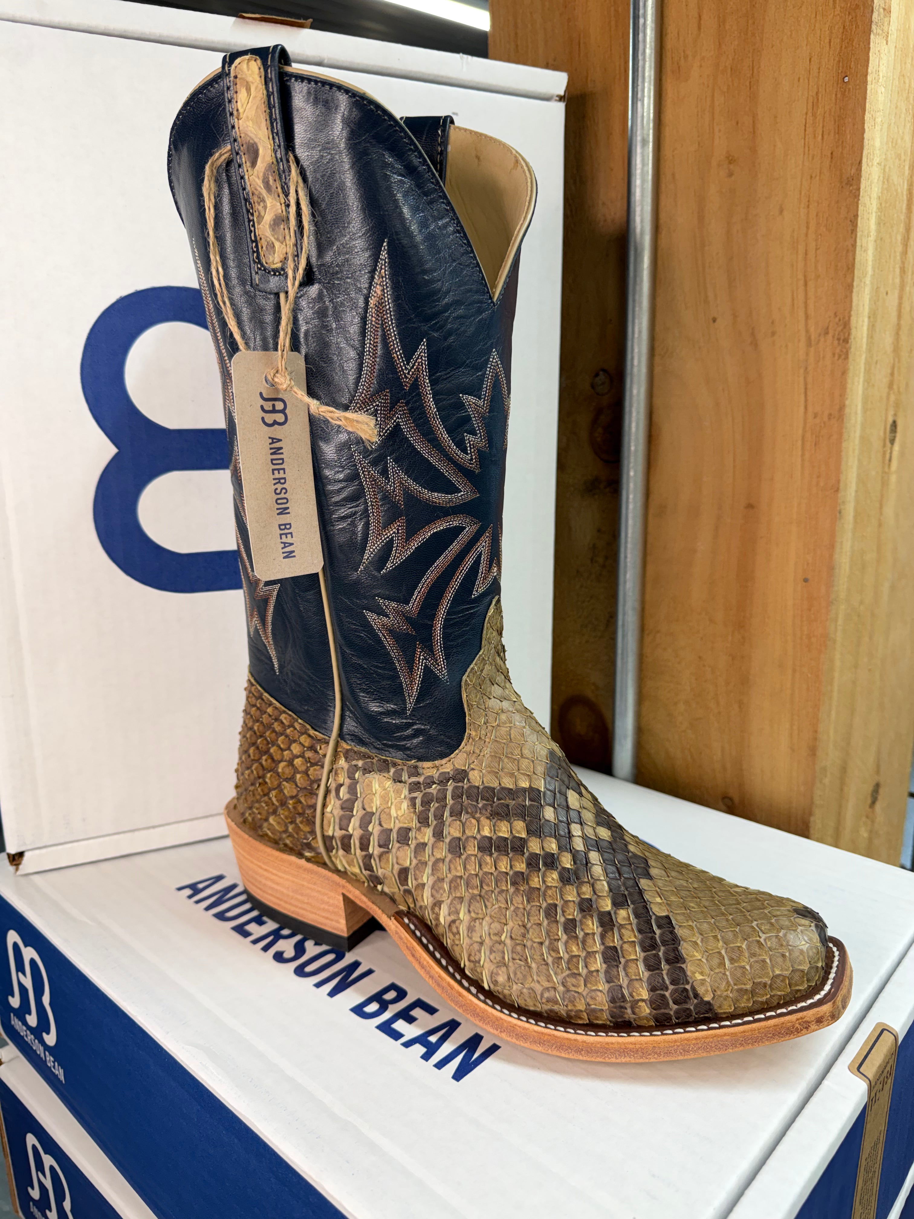 Anderson Bean | Natural Matte Giant Python Cowboy Boots – 13” Regal Blue Tops