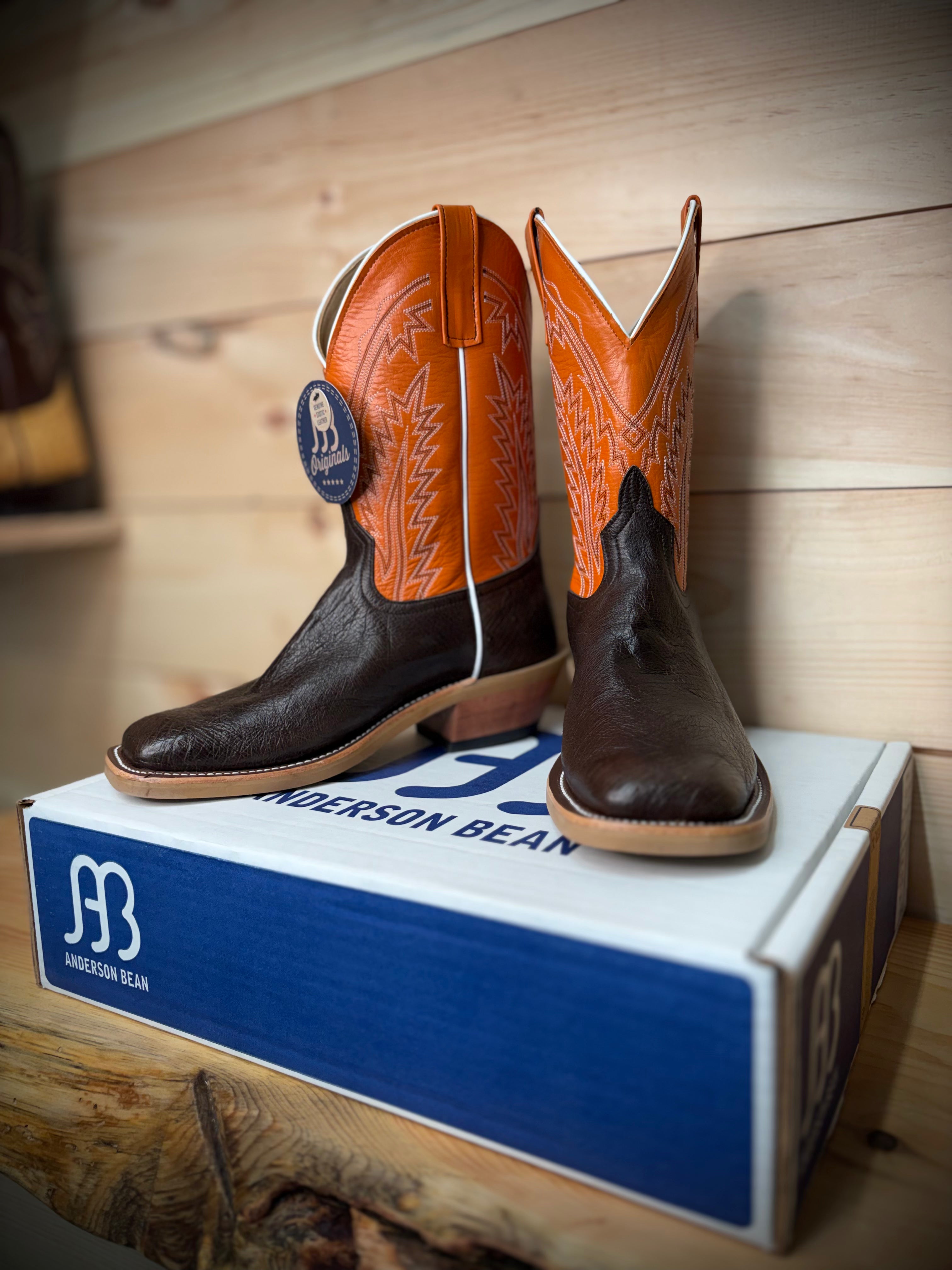 Anderson Bean | Nicotine Smooth Ostrich Cowboy Boots – 11" Burnt Orange Kidskin Tops