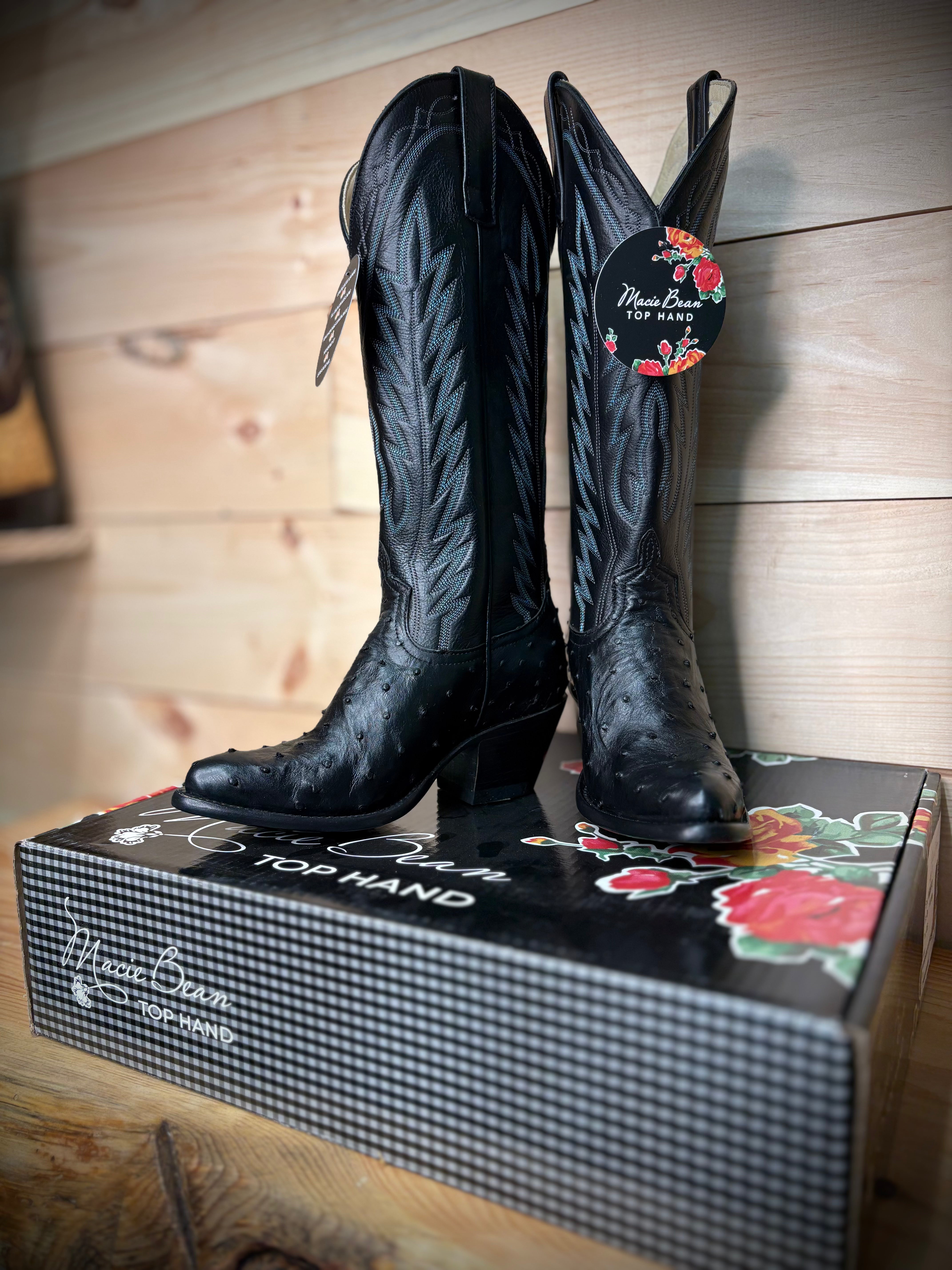 Macie Bean | Black Full Quill Ostrich Cowboy Boots – 15" Black Station Tops