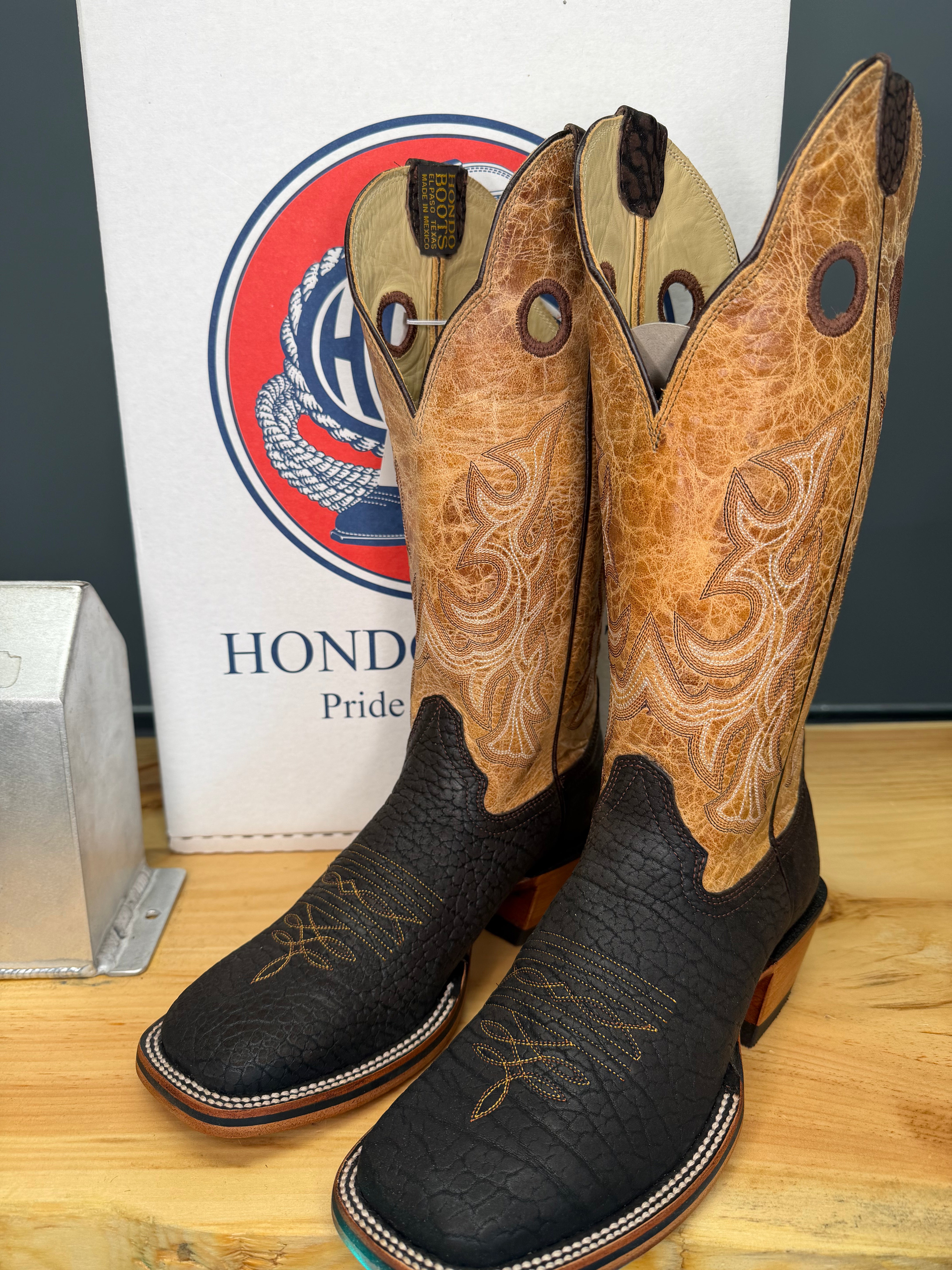 Hondo | Brown Nubuck Bullhide Cowboy Boots – 14" Oryx Crater Tops (Wide Square Toe)