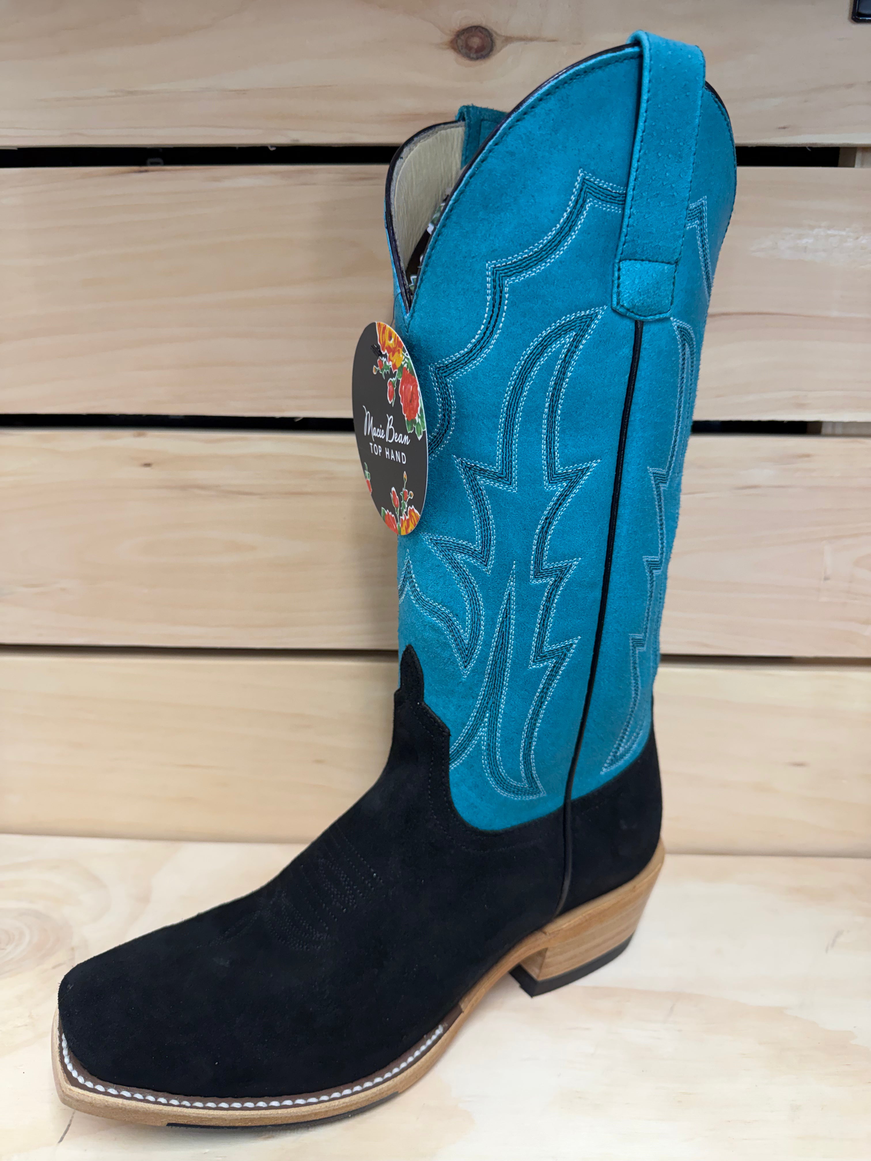 Macie Bean Top Hand | Black Suede Cowgirl Boots – 13" Turquoise Sinsation Tops