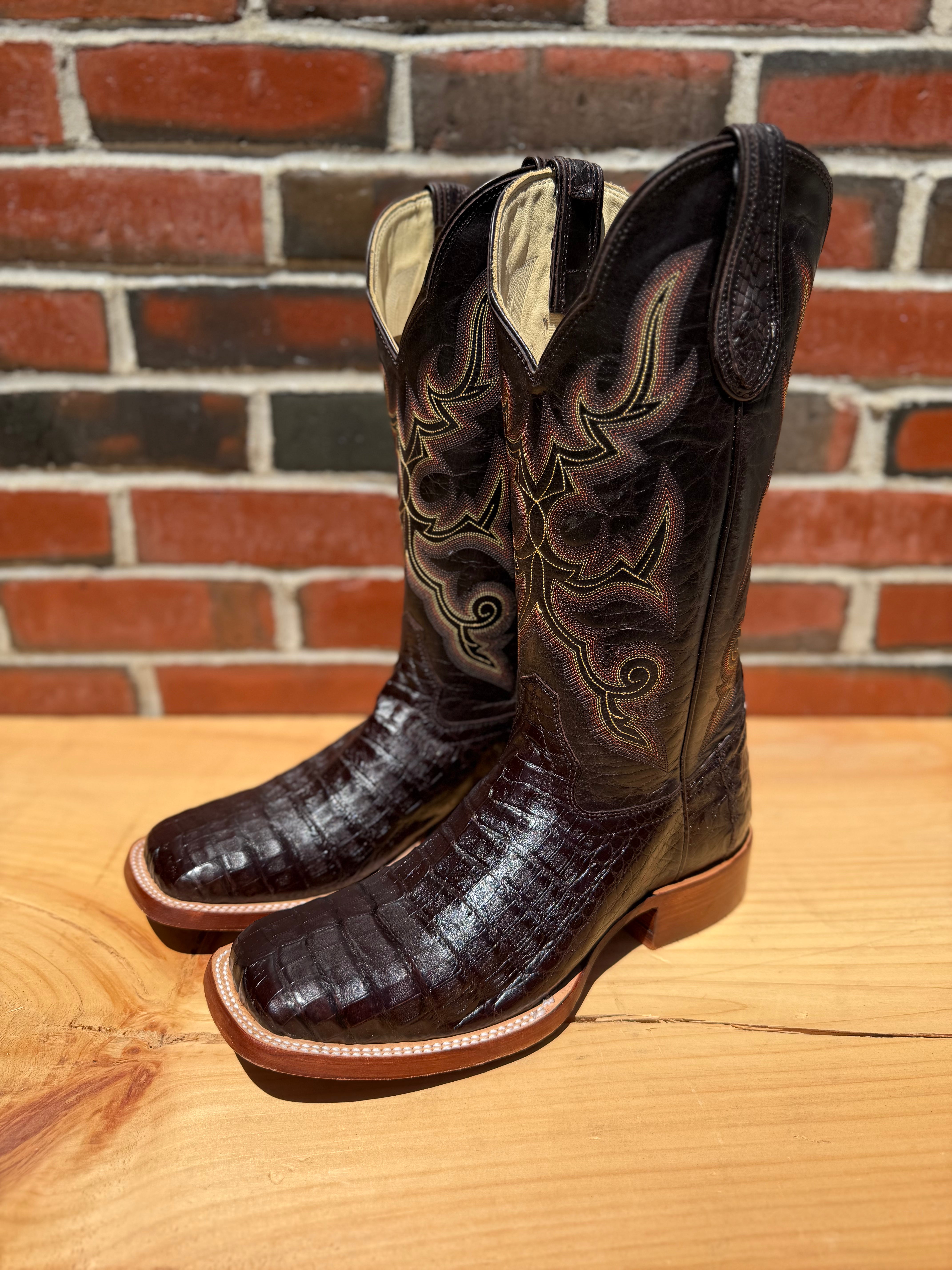 Hondo | Brown Caiman Belly Cowboy Boots – 13" Brown Volcano Tops (Wide Square Toe)