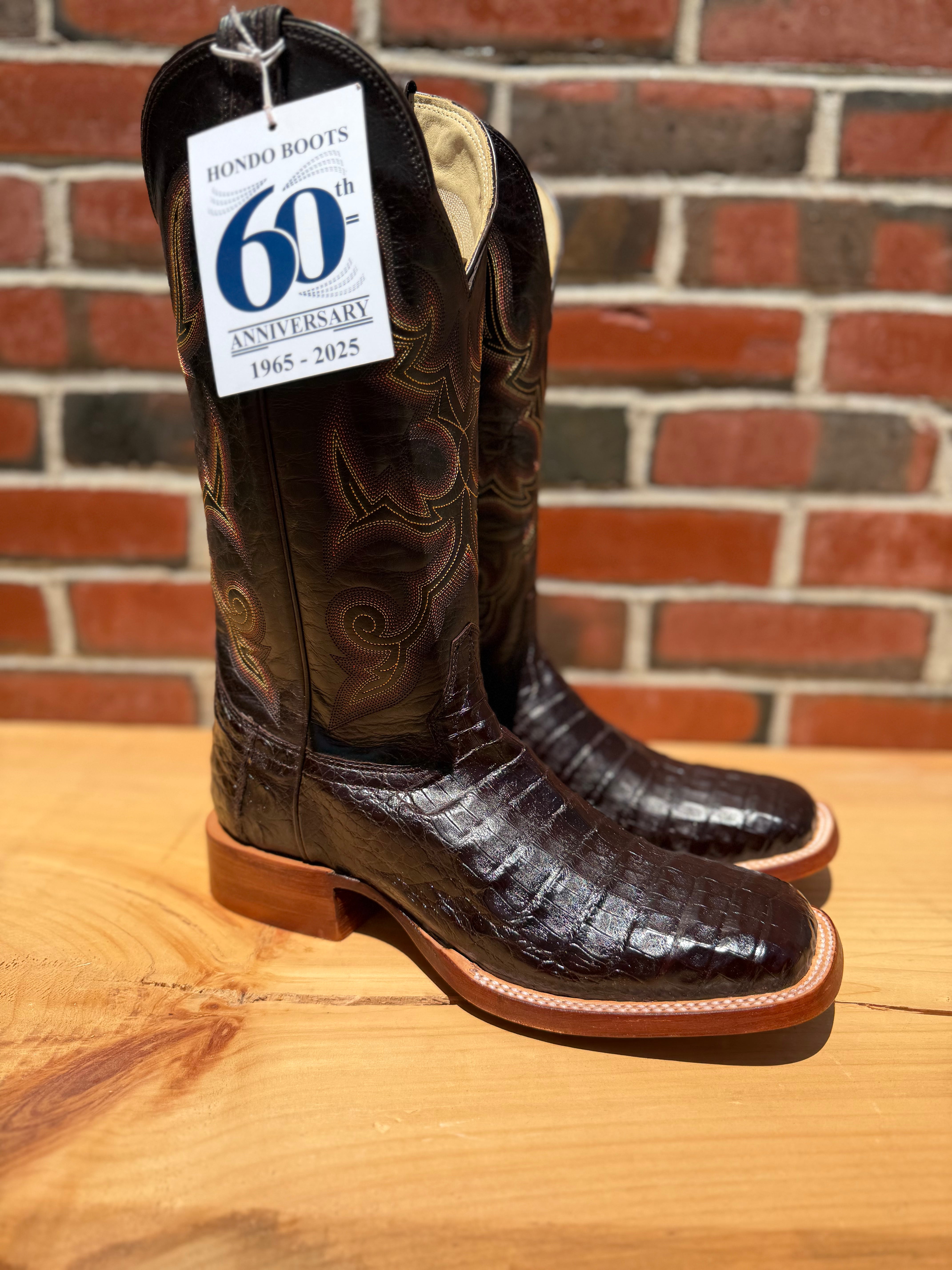 Hondo | Brown Caiman Belly Cowboy Boots – 13" Brown Volcano Tops (Wide Square Toe)
