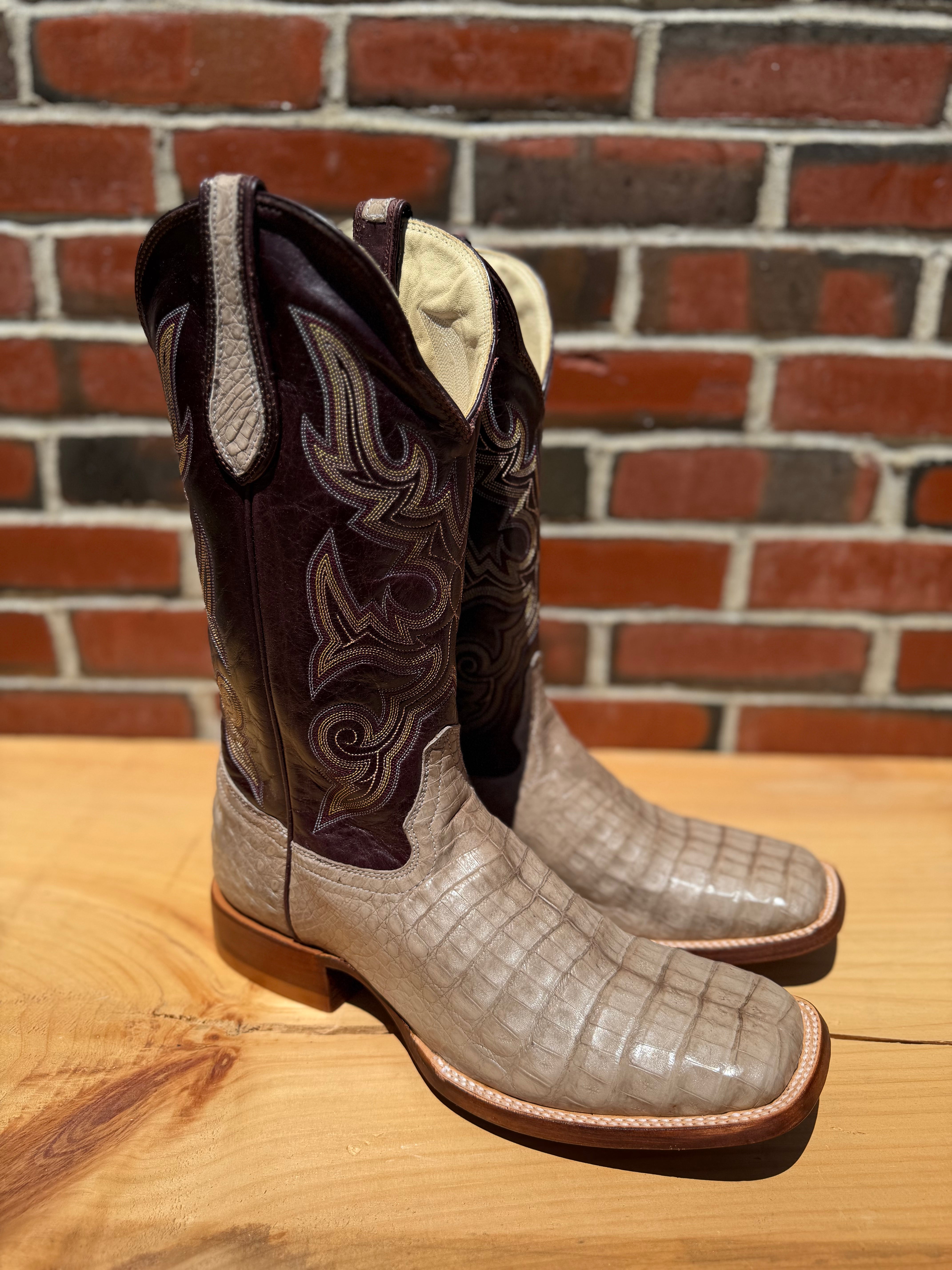 Hondo | Smoke Gray Caiman Belly Cowboy Boots – 13″ Wine Volcano Tops (Wide Square Toe)