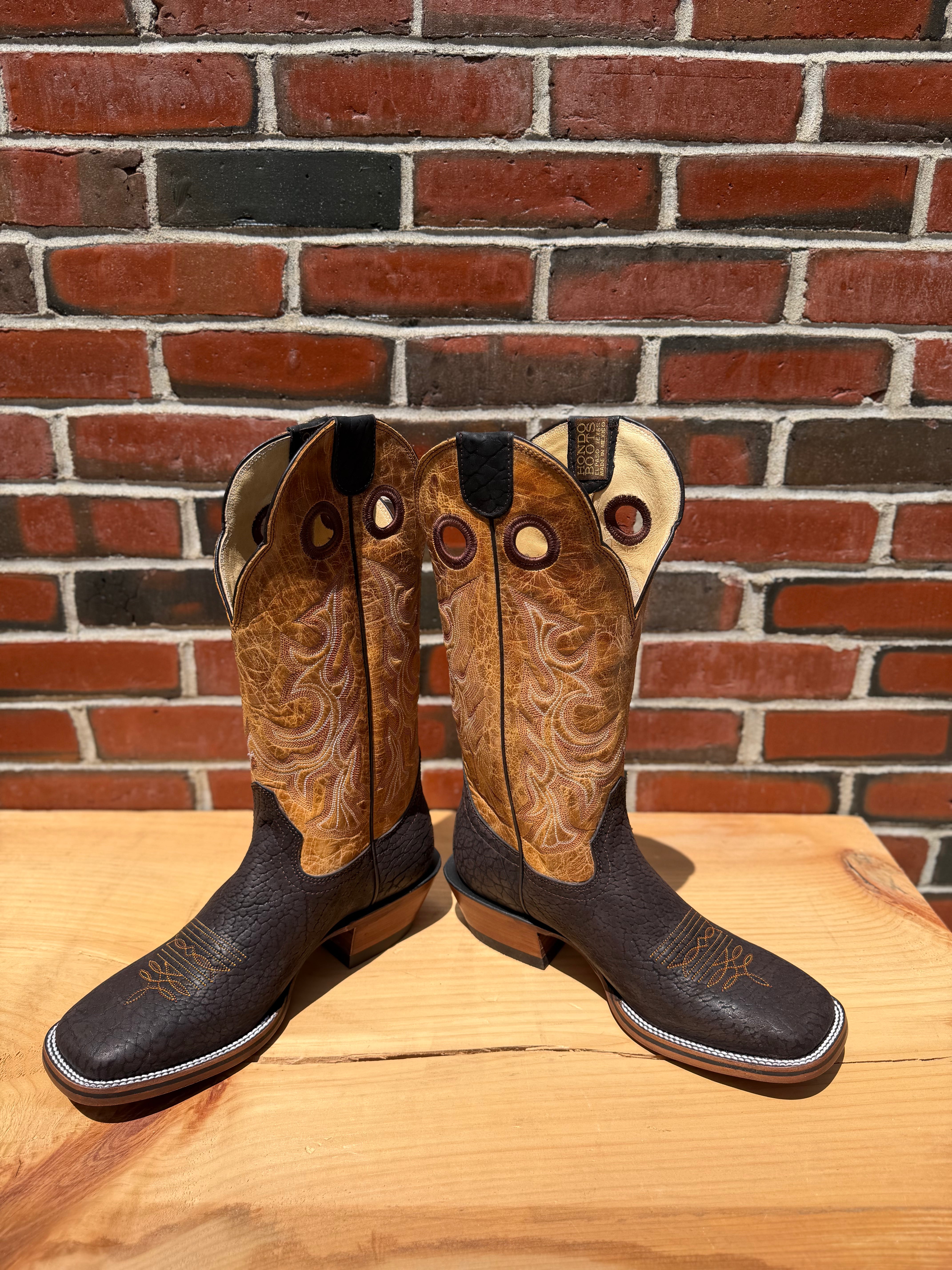 Hondo | Brown Nubuck Bullhide Cowboy Boots – 14" Oryx Crater Tops (Wide Square Toe)