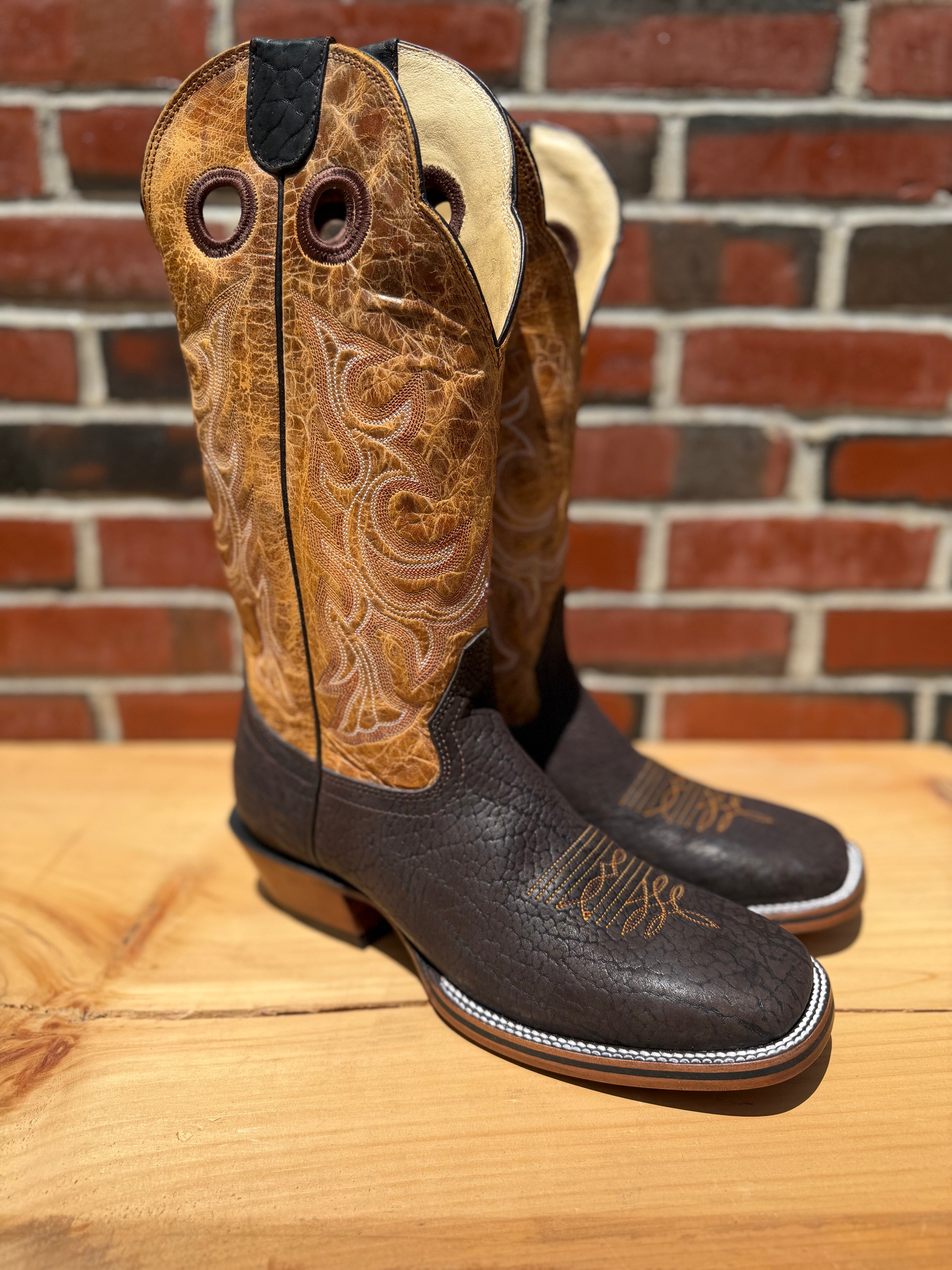 Hondo | Brown Nubuck Bullhide Cowboy Boots – 14" Oryx Crater Tops (Wide Square Toe)