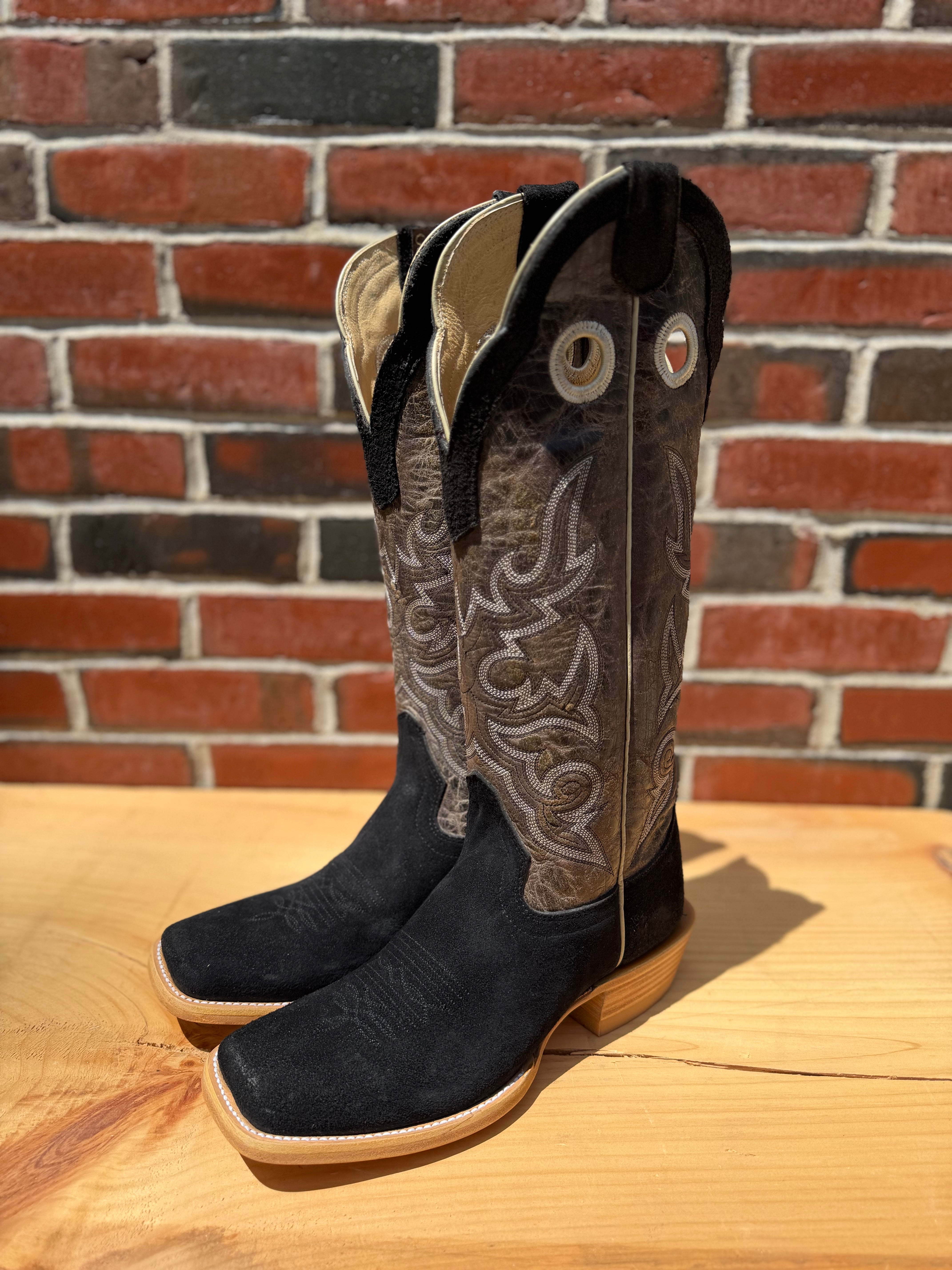 Hondo cowboy boots with black rough-out leather and 16 inch brown crater tops
