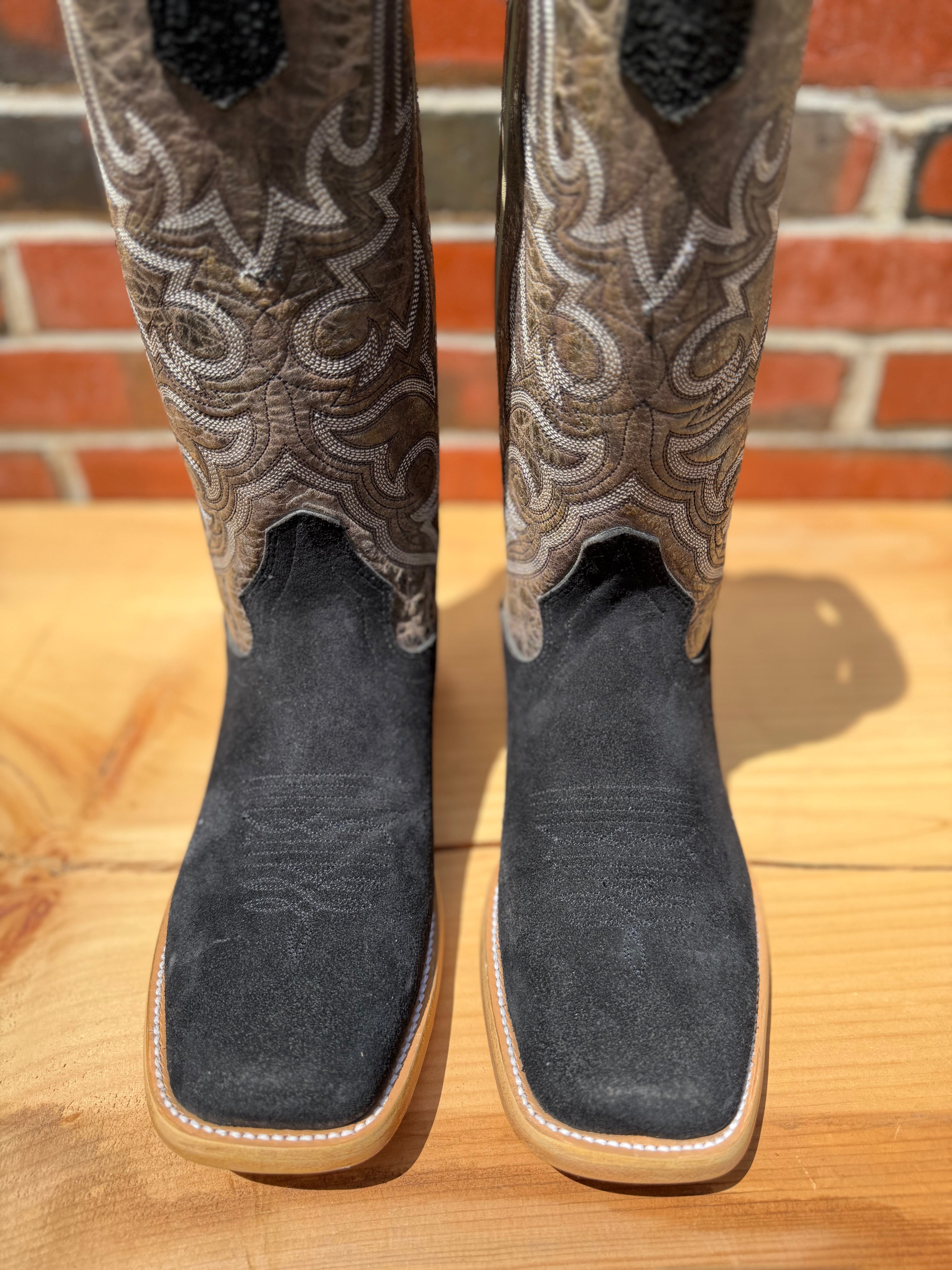 Hondo | Black Rough Out Cowboy Boots – 16″ Brown Crater Top