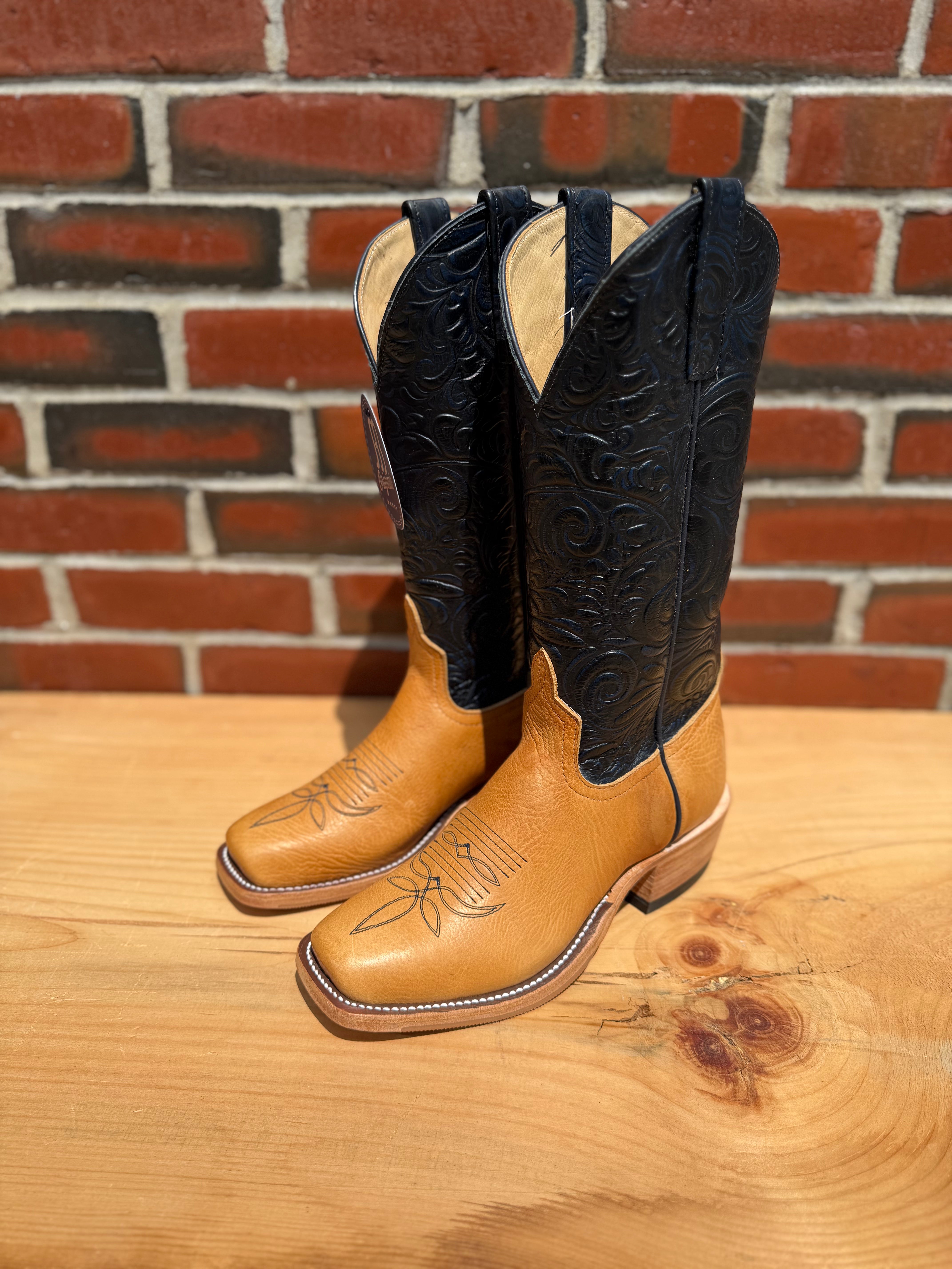 Anderson Bean | Cognac Taurus Shoulder Cowgirl Boots – 13" Midnight Navy Caracol Embossed Tops (Cowboy Toe)
