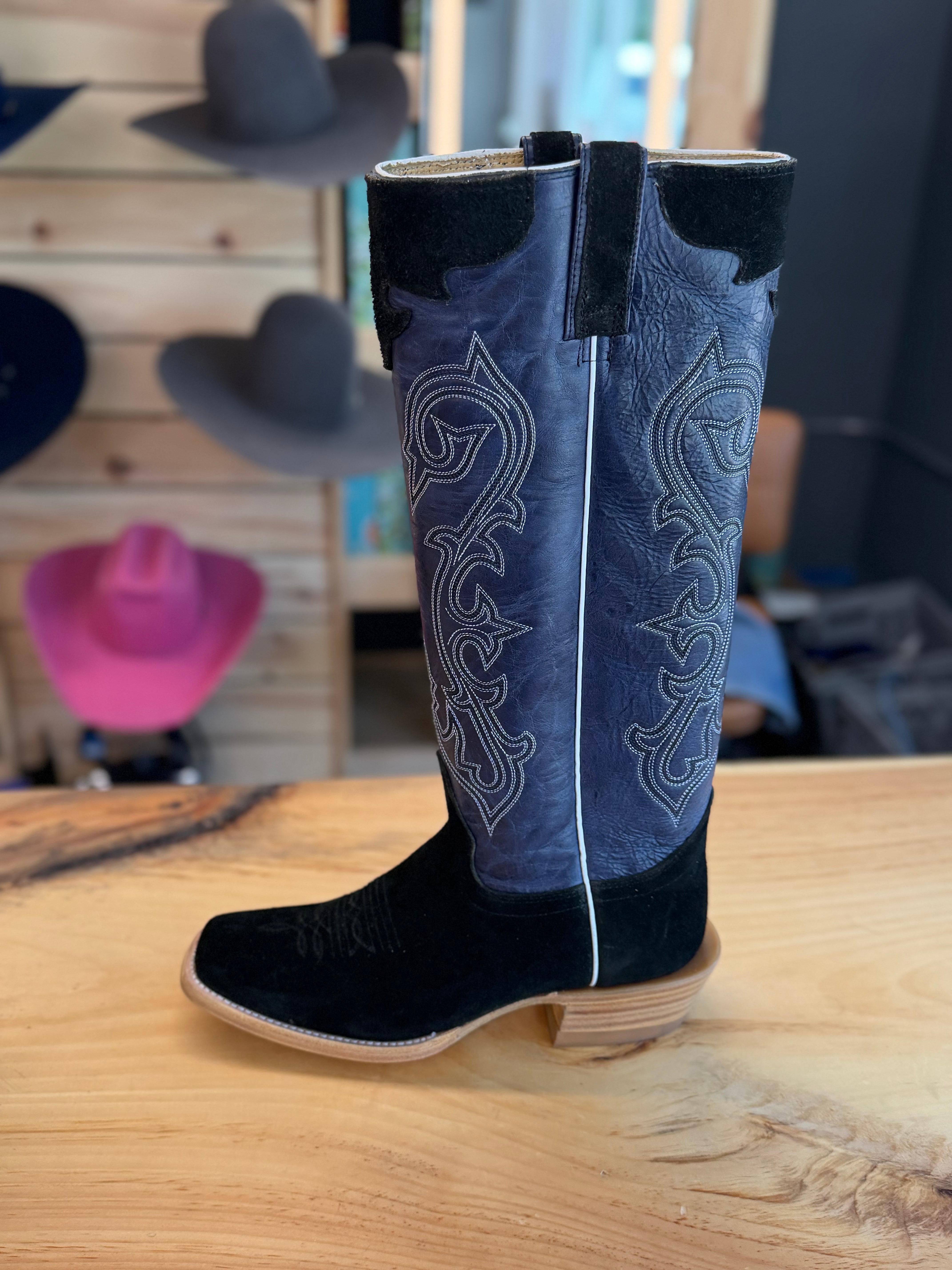 Hondo | Black Roughout Cowboy Boots – 16" Grape Volcano Tops (Cutter Toe