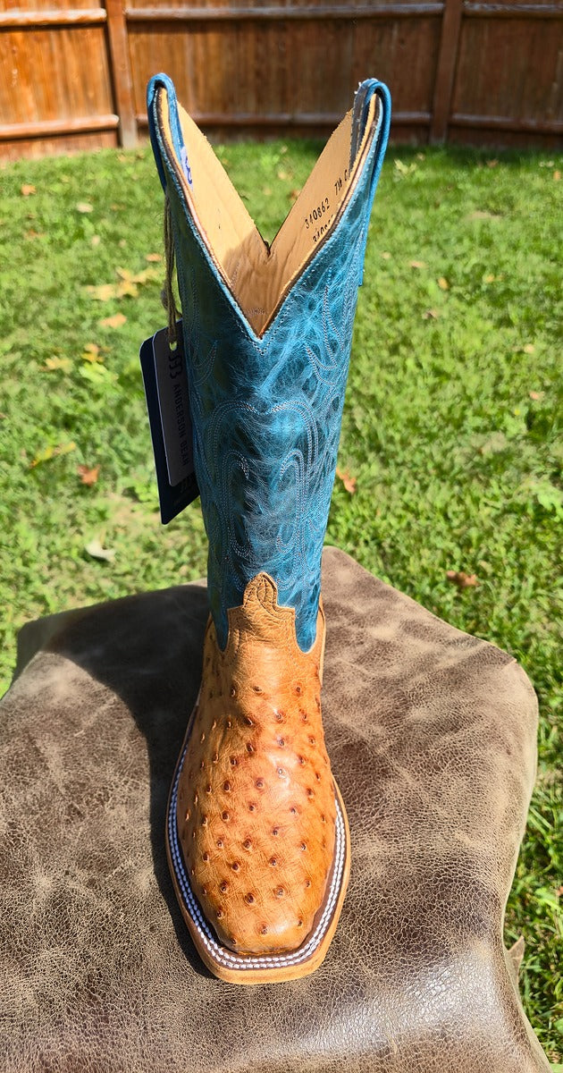 Anderson Bean | Brandy Bruciato Ostrich Cowgirl Boots – 13" Blue Lava Italian Leather Tops