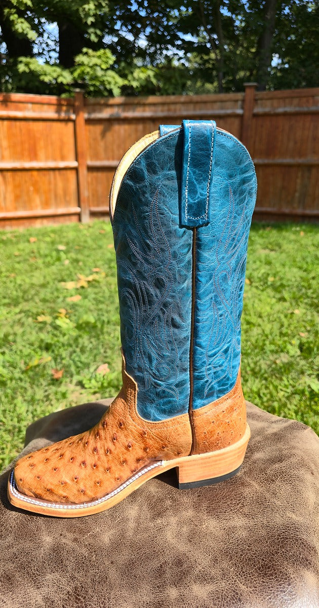 Anderson Bean | Brandy Bruciato Ostrich Cowgirl Boots – 13" Blue Lava Italian Leather Tops