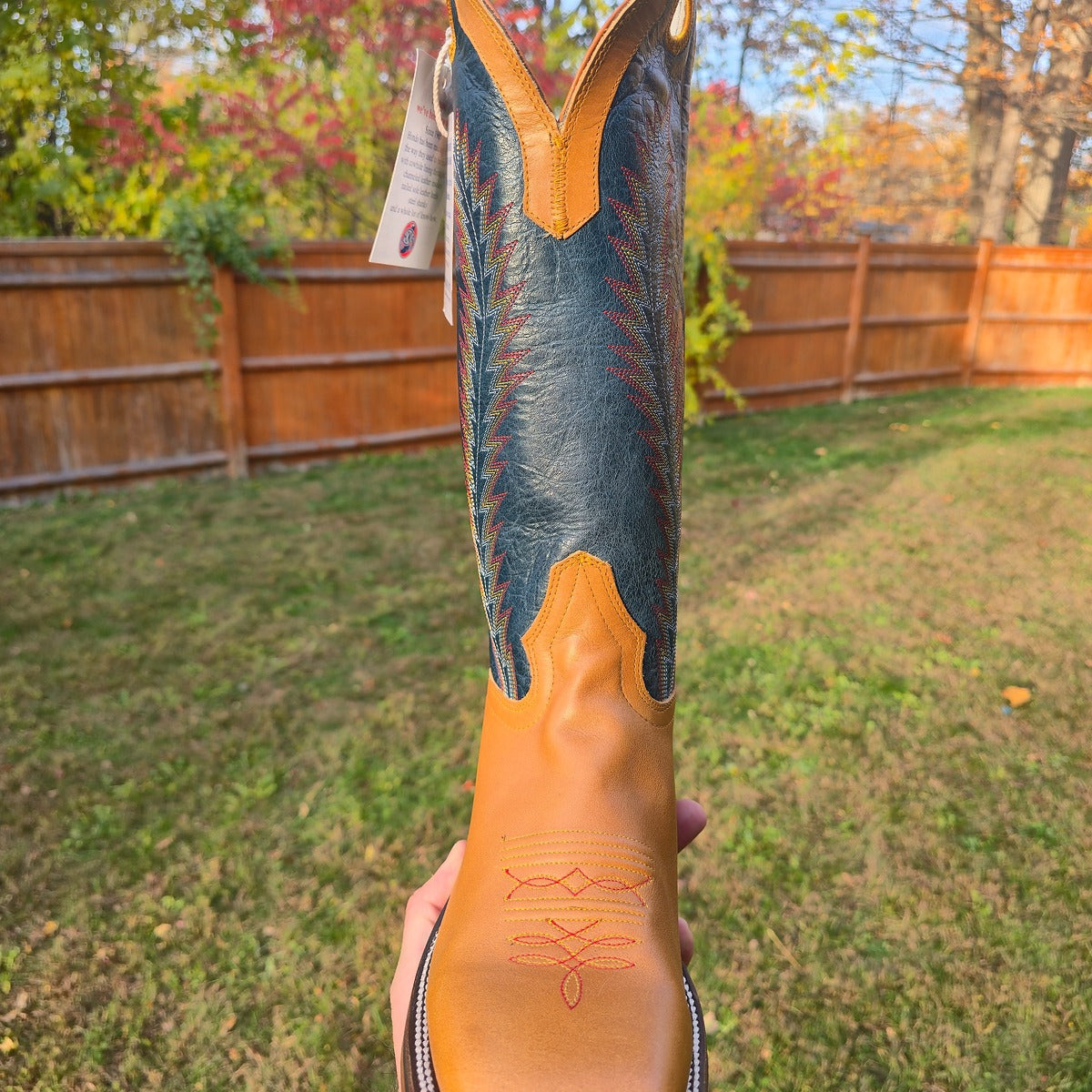 Hondo | Honey Crazy Horse Cowboy Boots – 16" Navy Volcano Tops (Wide Square Toe)