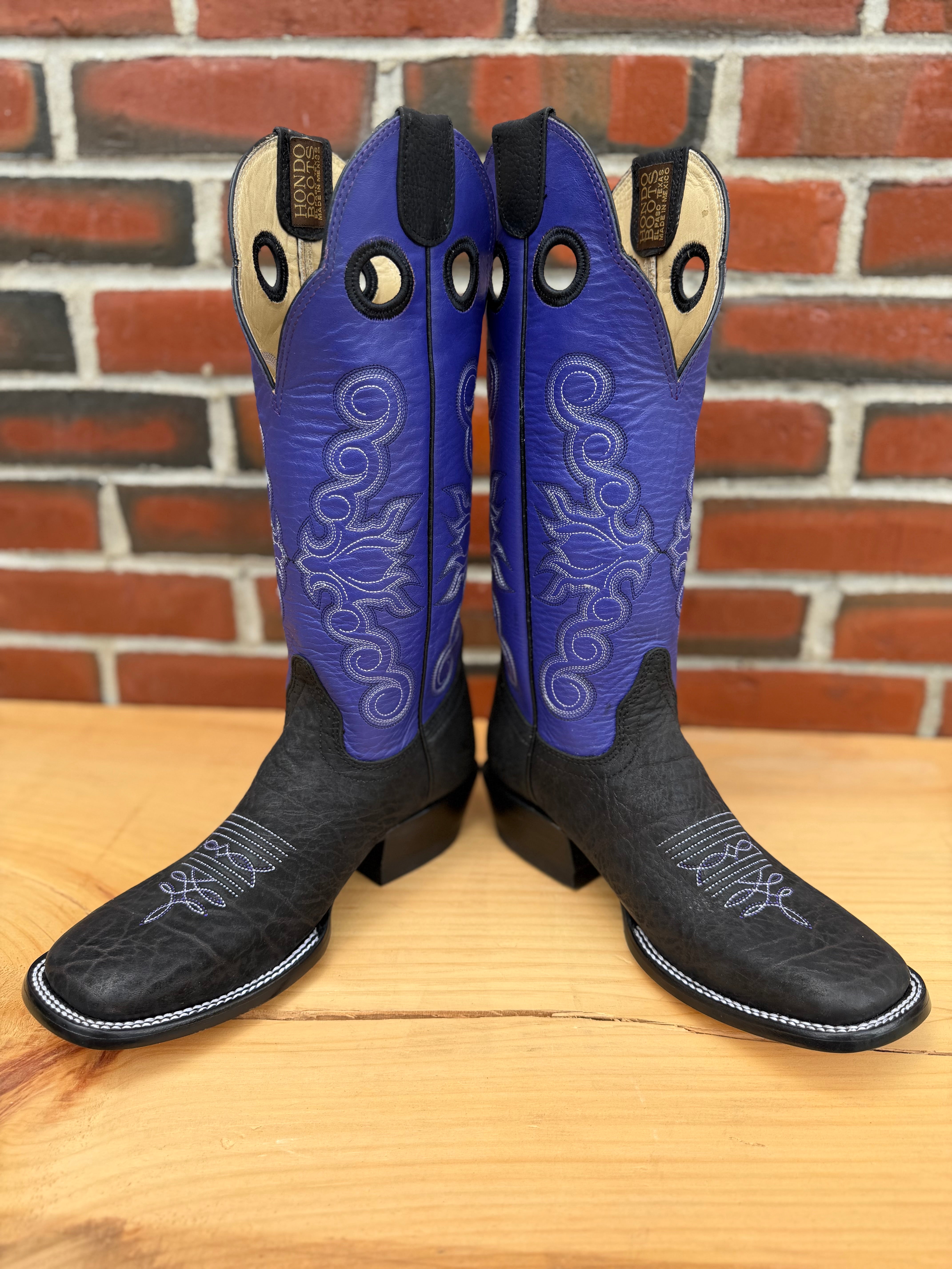 Hondo Exclusive | Women's Black Crazy Shoulder Cowboy Boots – 14" Grape Tops (Wide Square Toe)