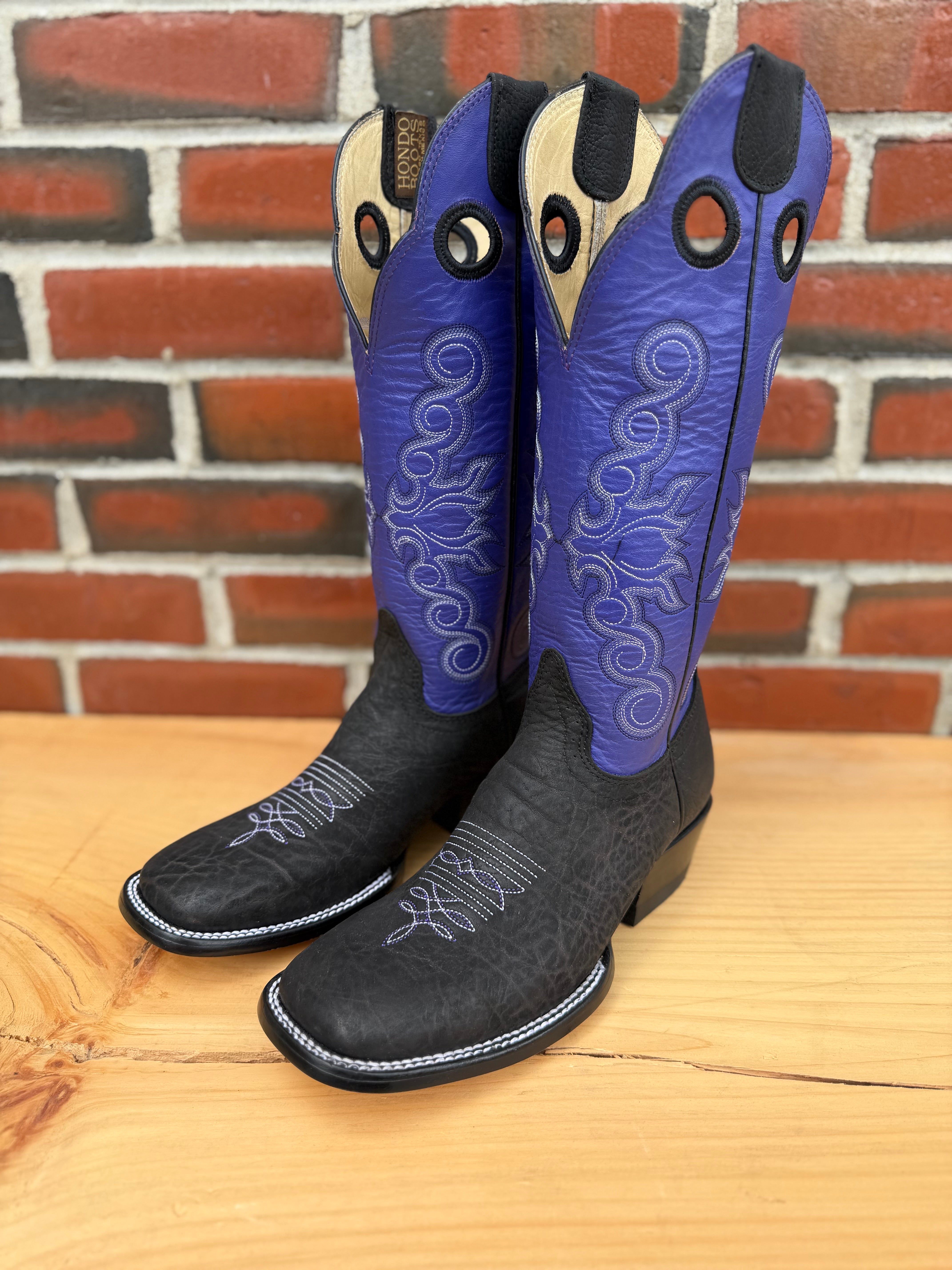 Hondo Exclusive | Women's Black Crazy Shoulder Cowboy Boots – 14" Grape Tops (Wide Square Toe)