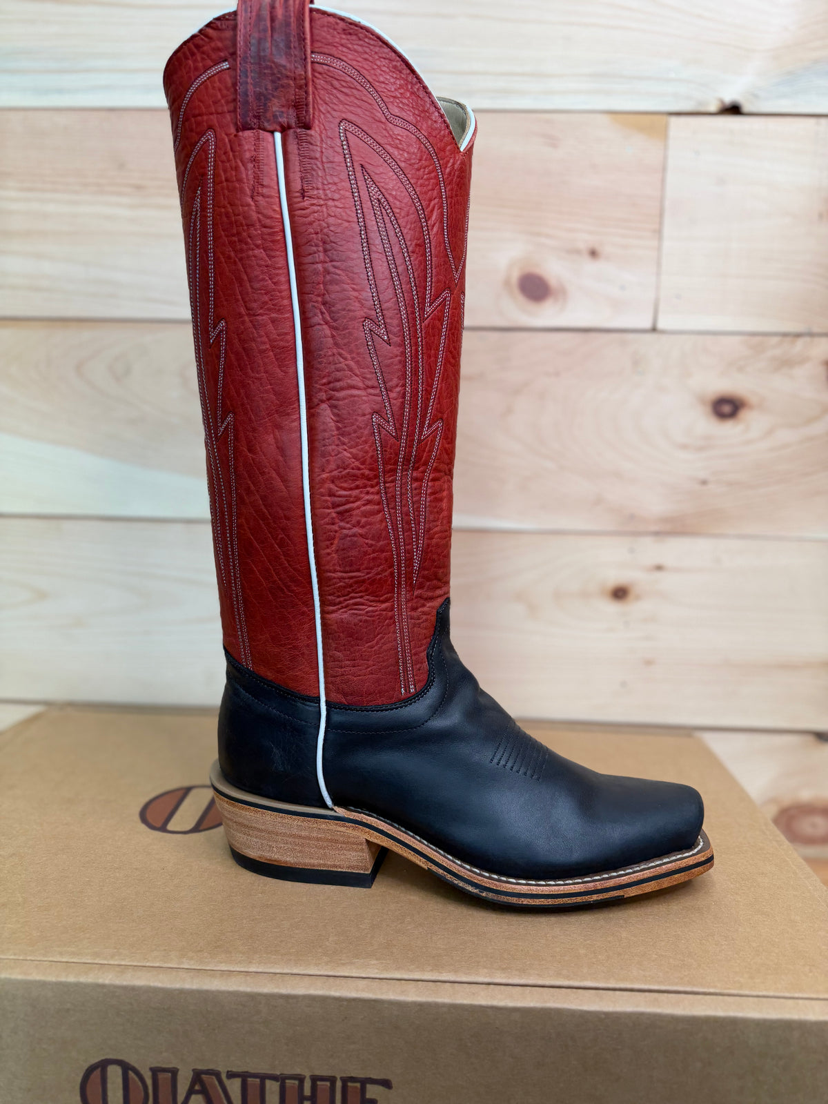 Olathe Boots | TT14 Reverse Black Wyoming Tall Top Cowboy Boots – 16” Deep Red Navajo Bison Tops (O Toe)