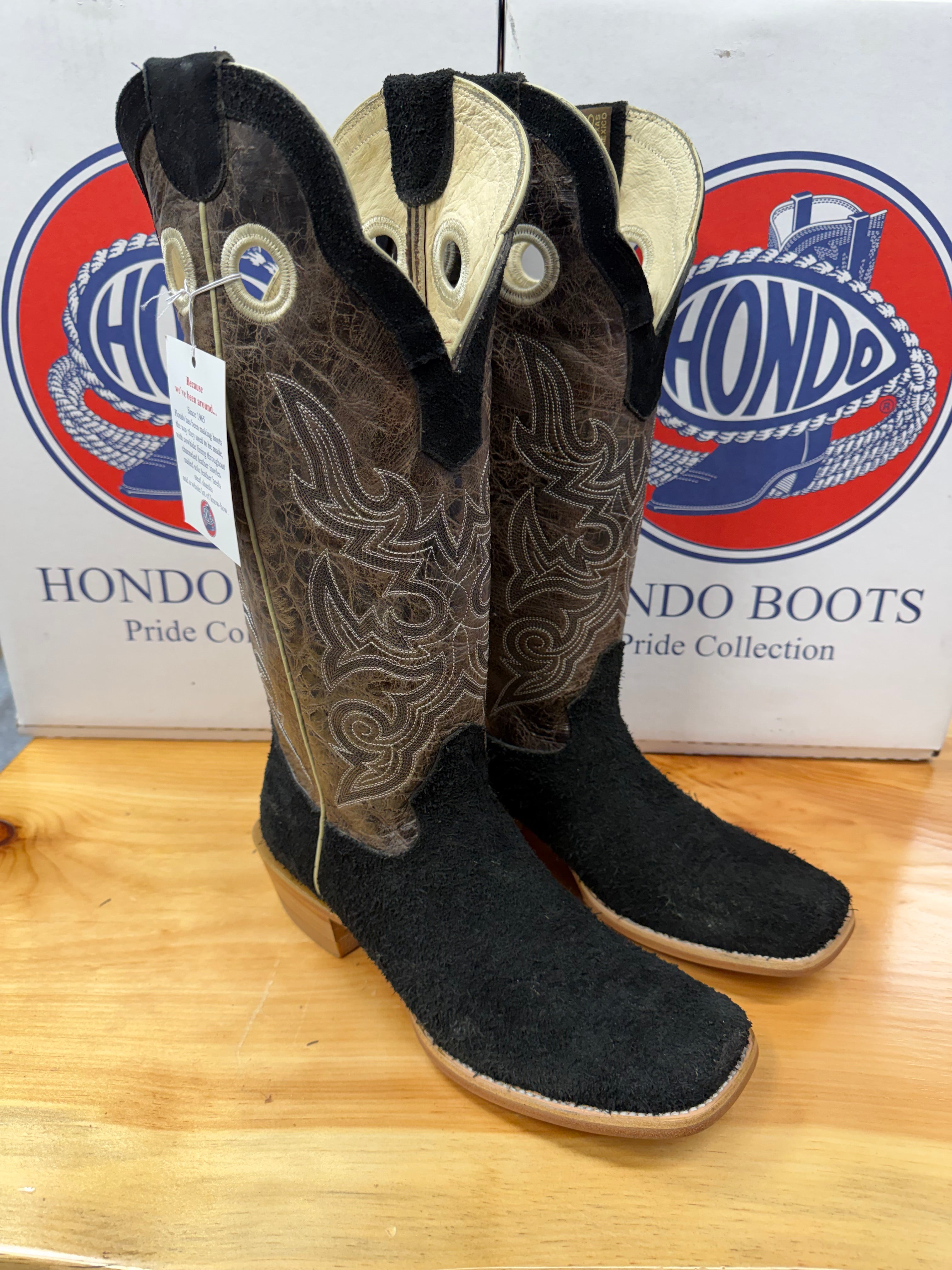 Hondo | Black Rough Out Cowboy Boots – 16″ Brown Crater Top