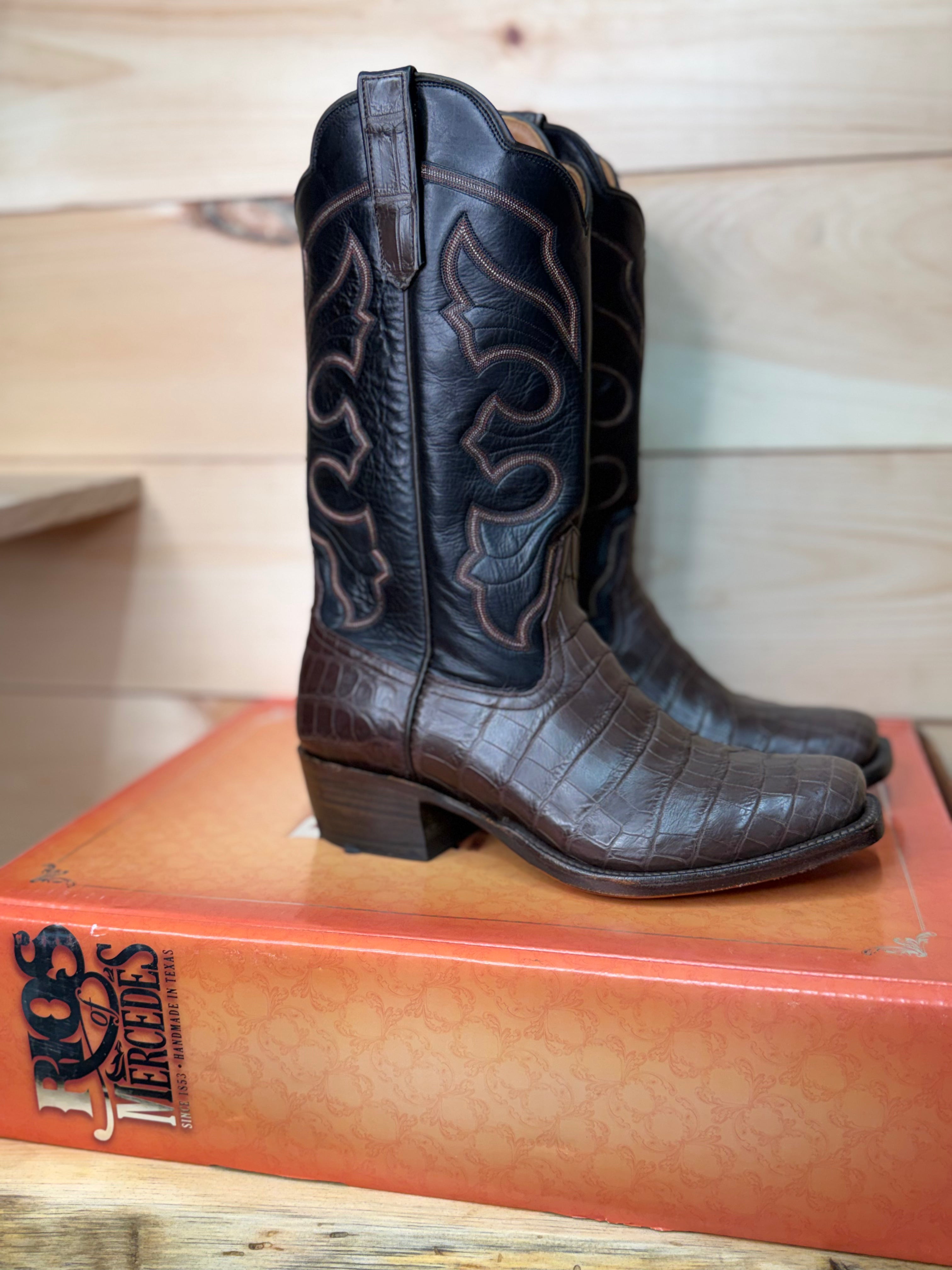 Rios of Mercedes | Chocolate Crocodile Belly Cowboy Boots – Cutter Toe, Black Calf Tops