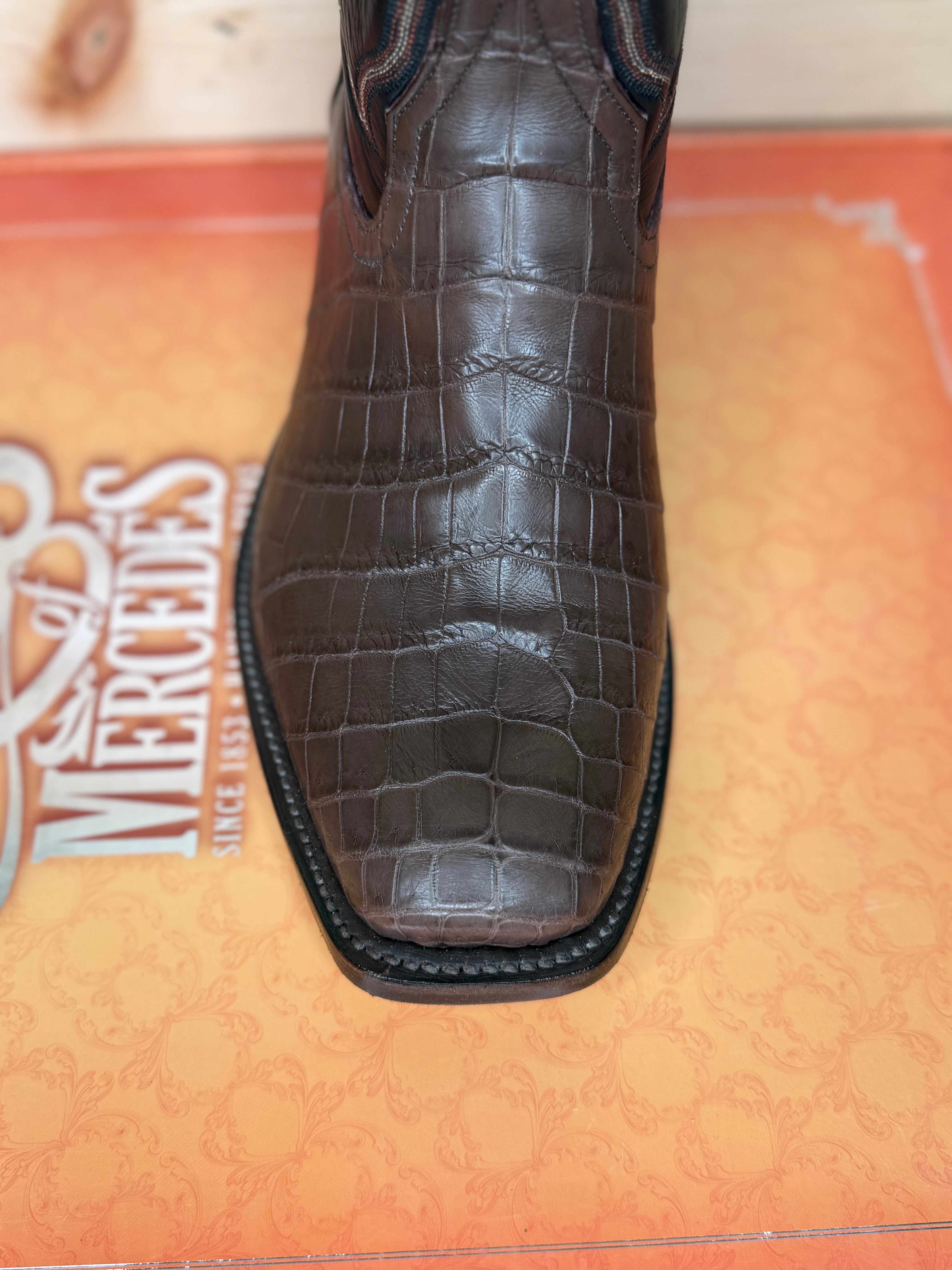 Rios of Mercedes | Chocolate Crocodile Belly Cowboy Boots – Cutter Toe, Black Calf Tops