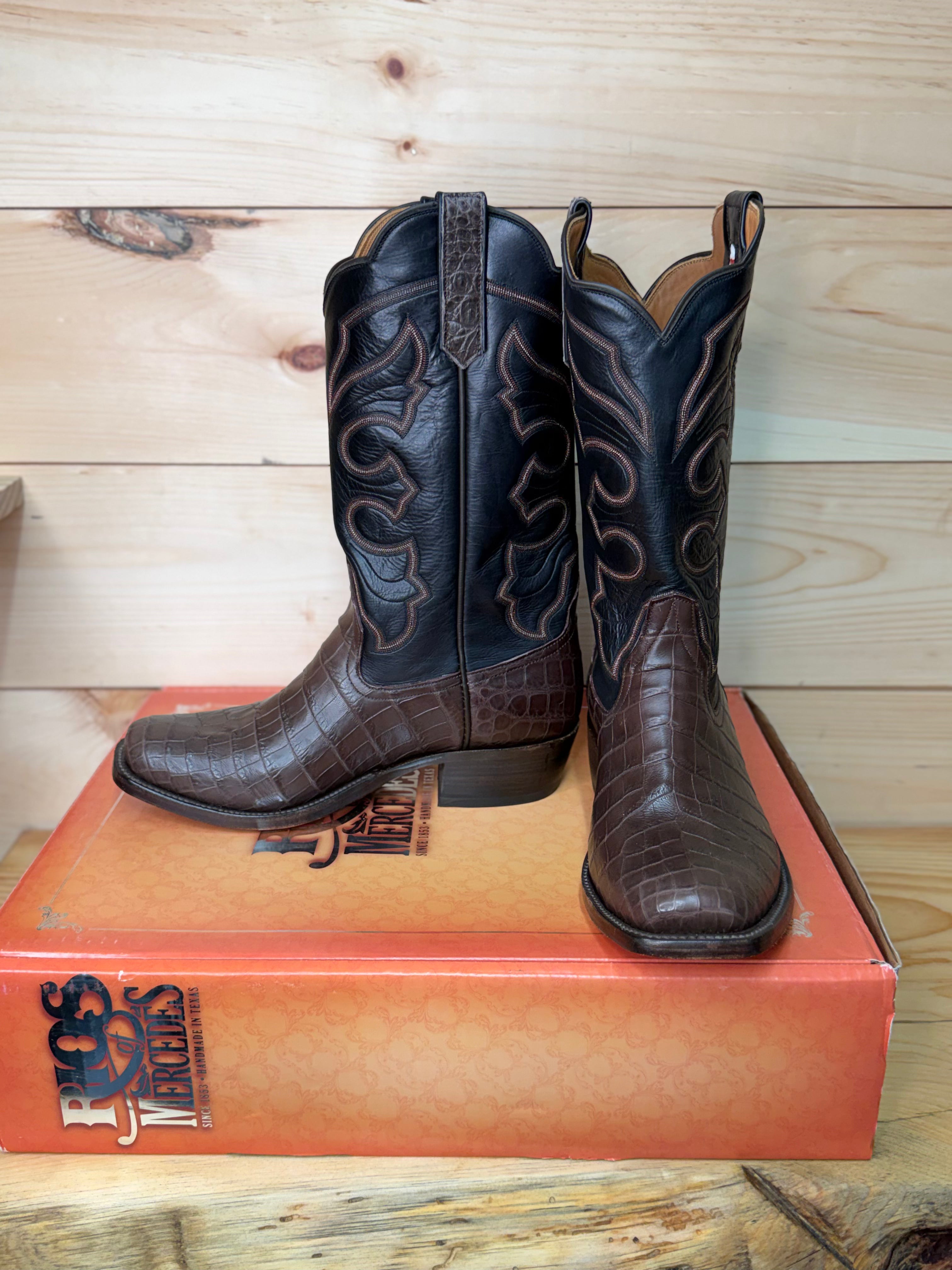Rios of Mercedes | Chocolate Crocodile Belly Cowboy Boots – Cutter Toe, Black Calf Tops