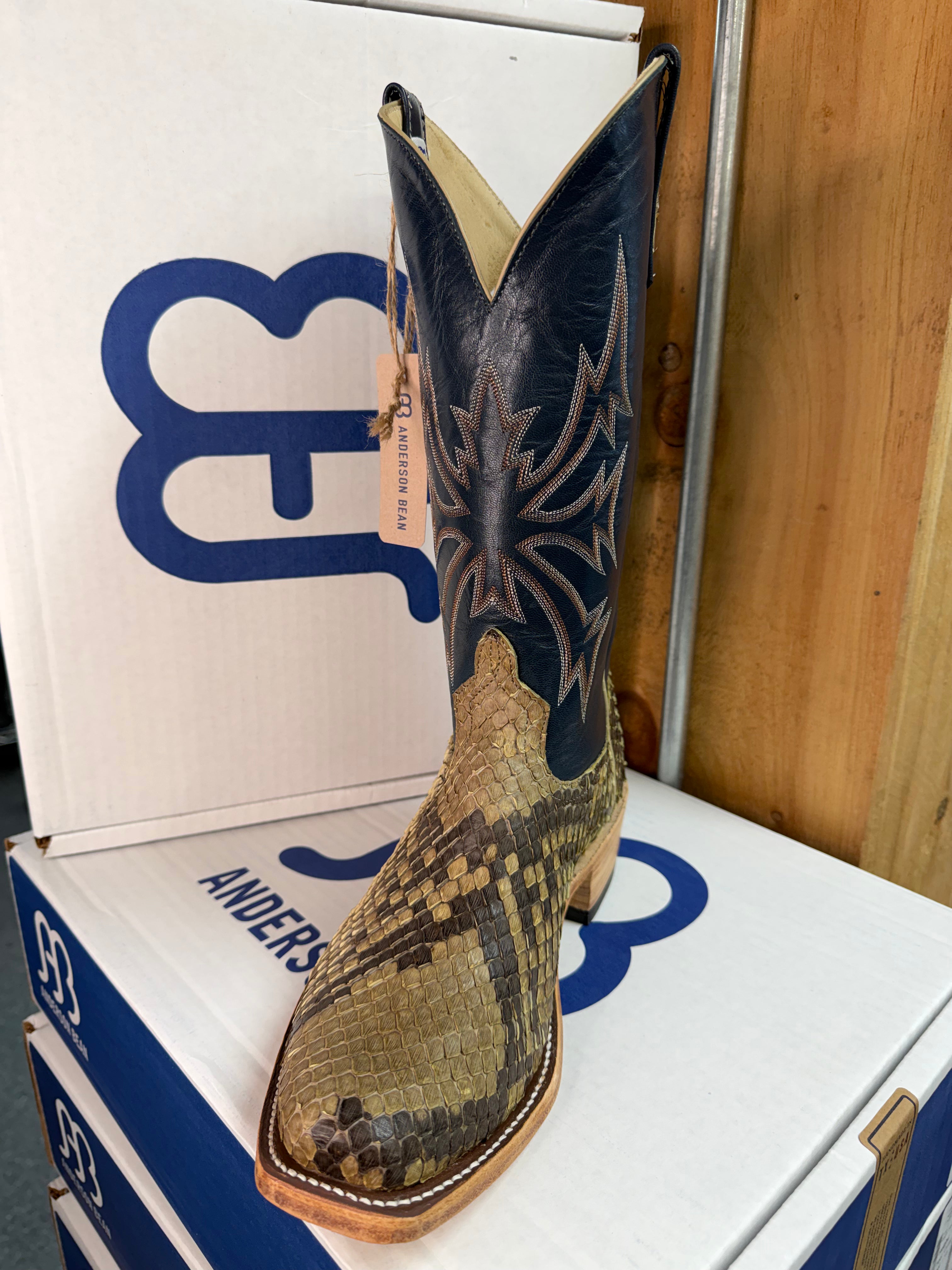 Anderson Bean | Natural Matte Giant Python Cowboy Boots – 13” Regal Blue Tops