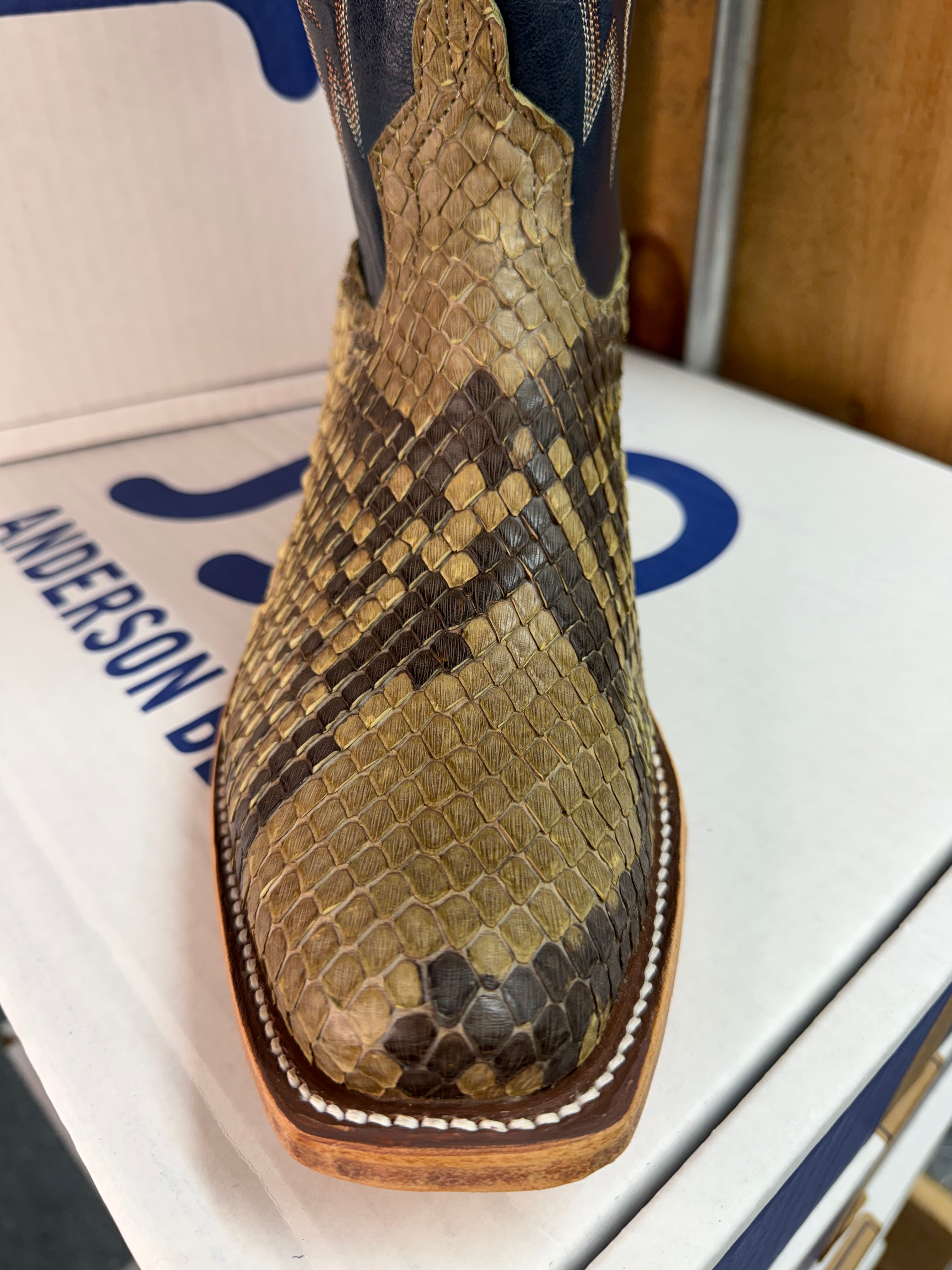 Anderson Bean | Natural Matte Giant Python Cowboy Boots – 13” Regal Blue Tops