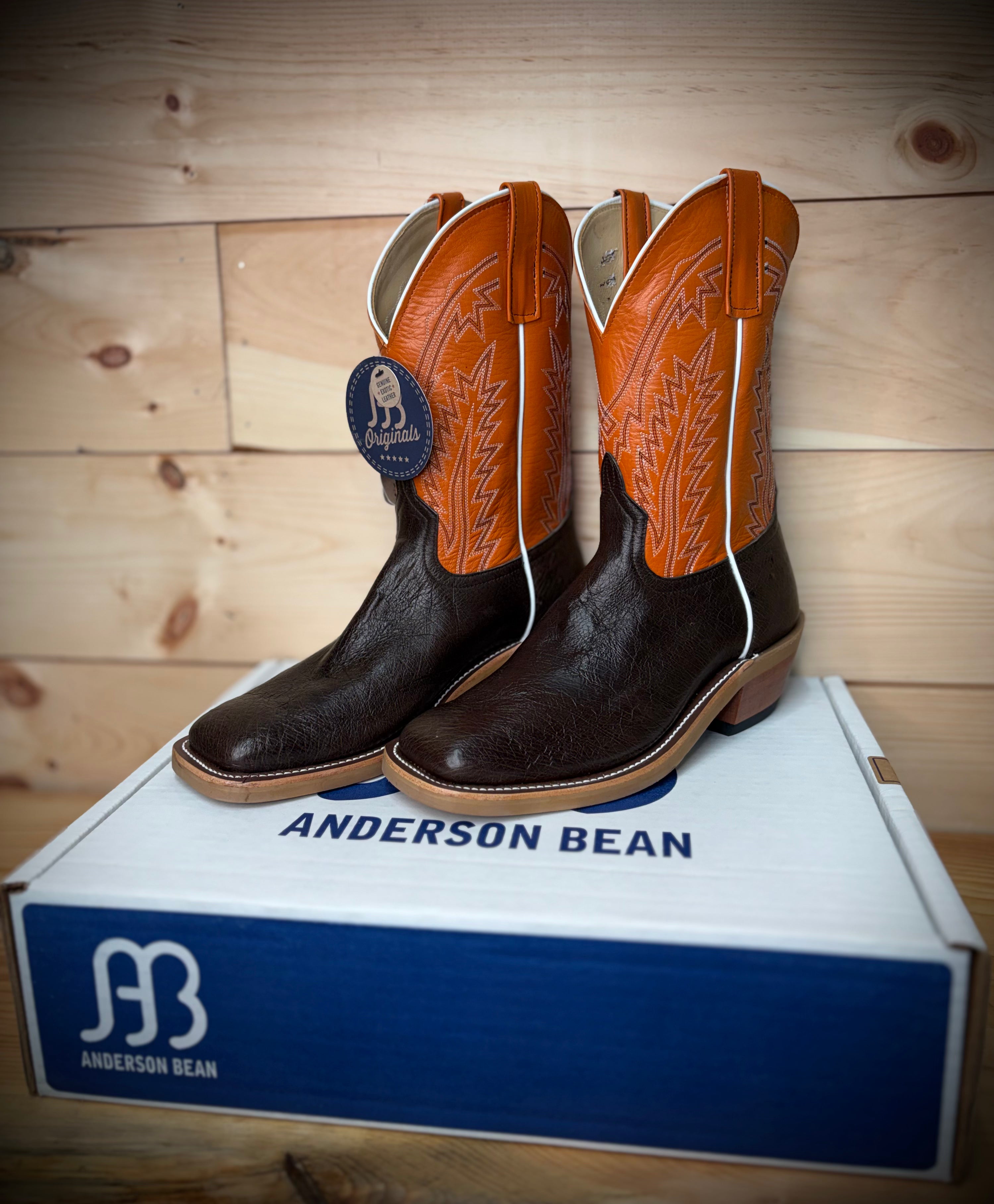 Anderson Bean | Nicotine Smooth Ostrich Cowboy Boots – 11" Burnt Orange Kidskin Tops