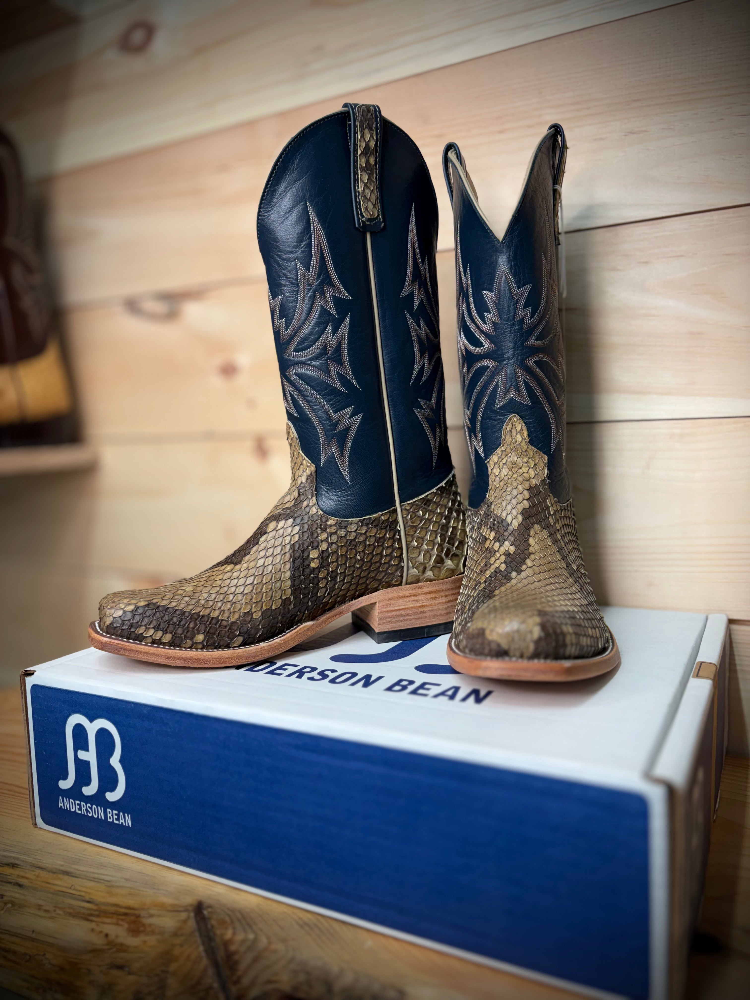 Anderson Bean | Natural Matte Giant Python Cowboy Boots – 13” Regal Blue Tops