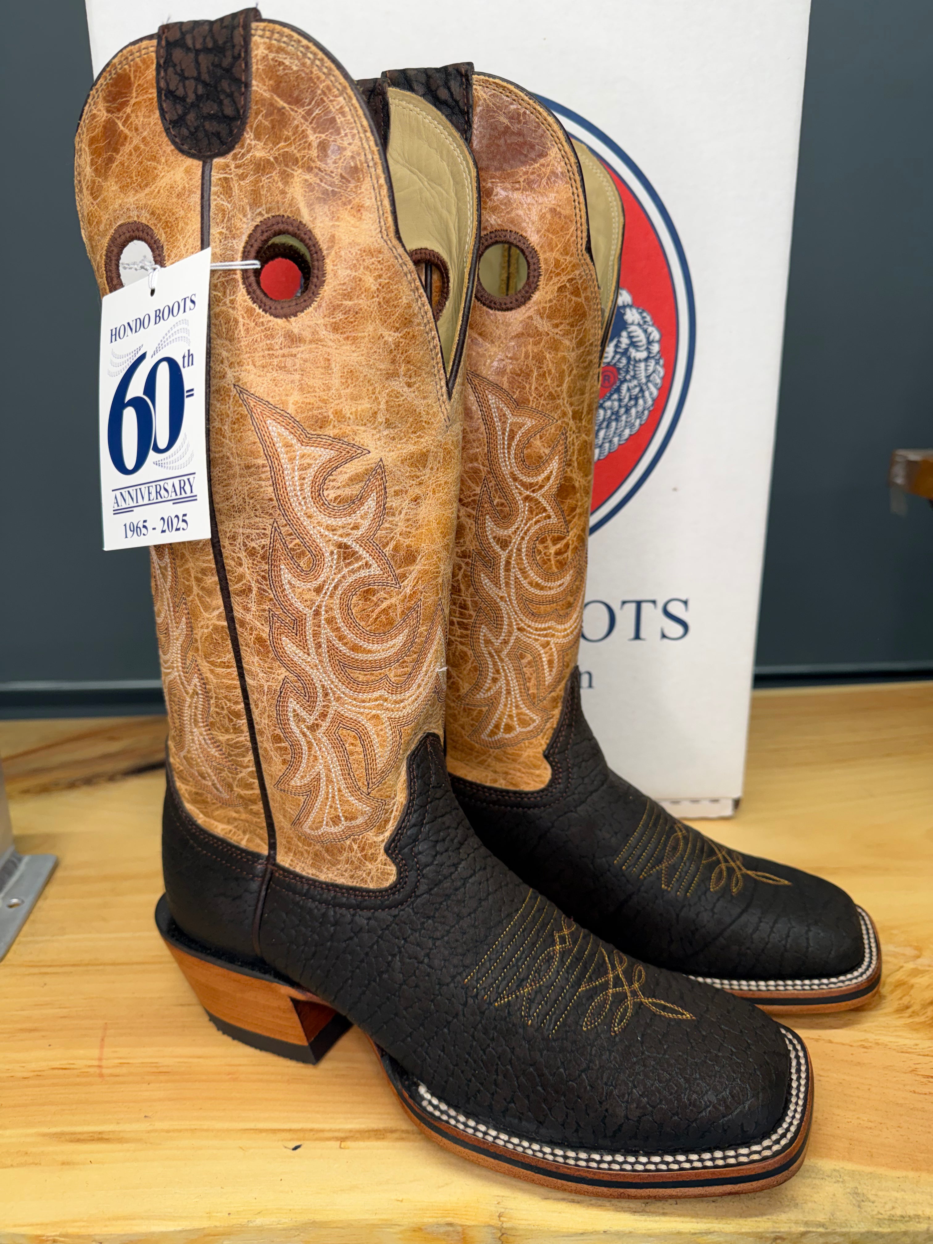 Hondo | Brown Nubuck Bullhide Cowboy Boots – 14" Oryx Crater Tops (Wide Square Toe)