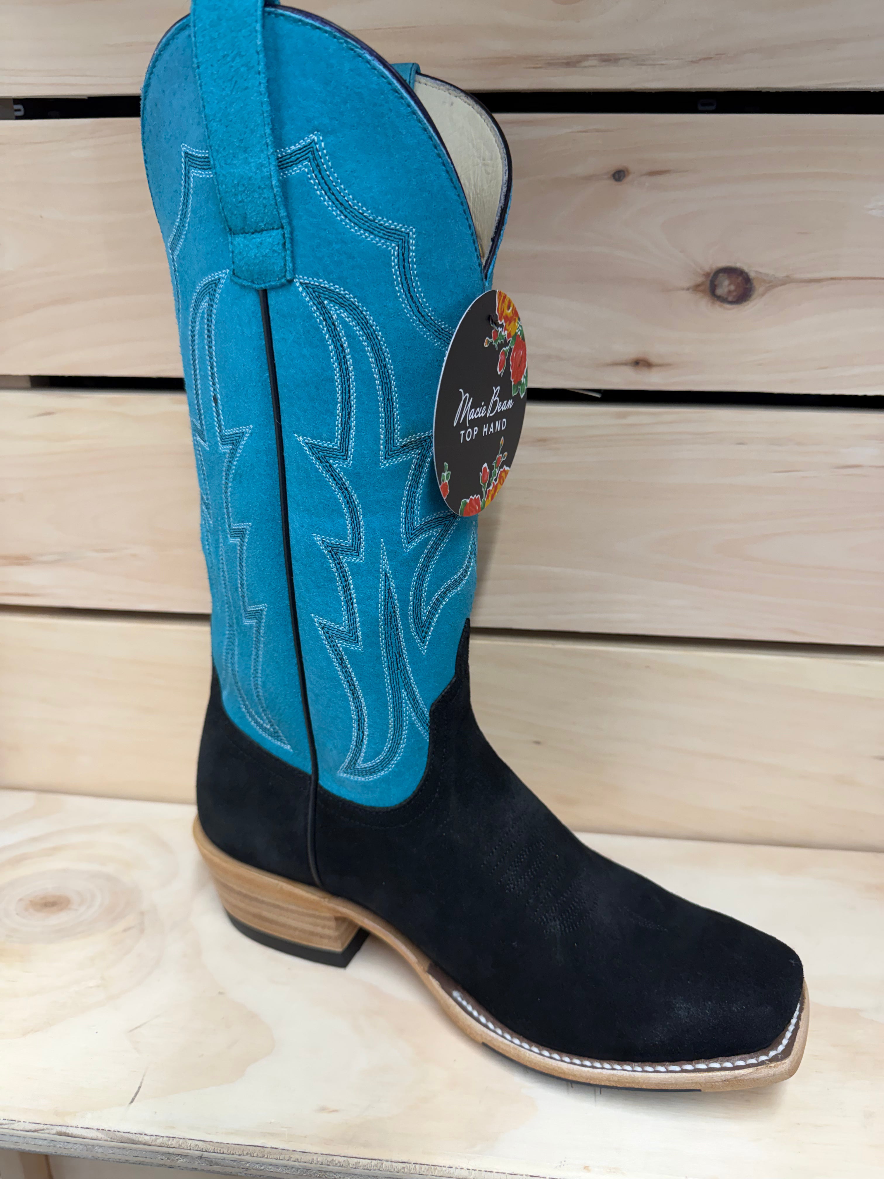 Macie Bean Top Hand | Black Suede Cowgirl Boots – 13" Turquoise Sinsation Tops