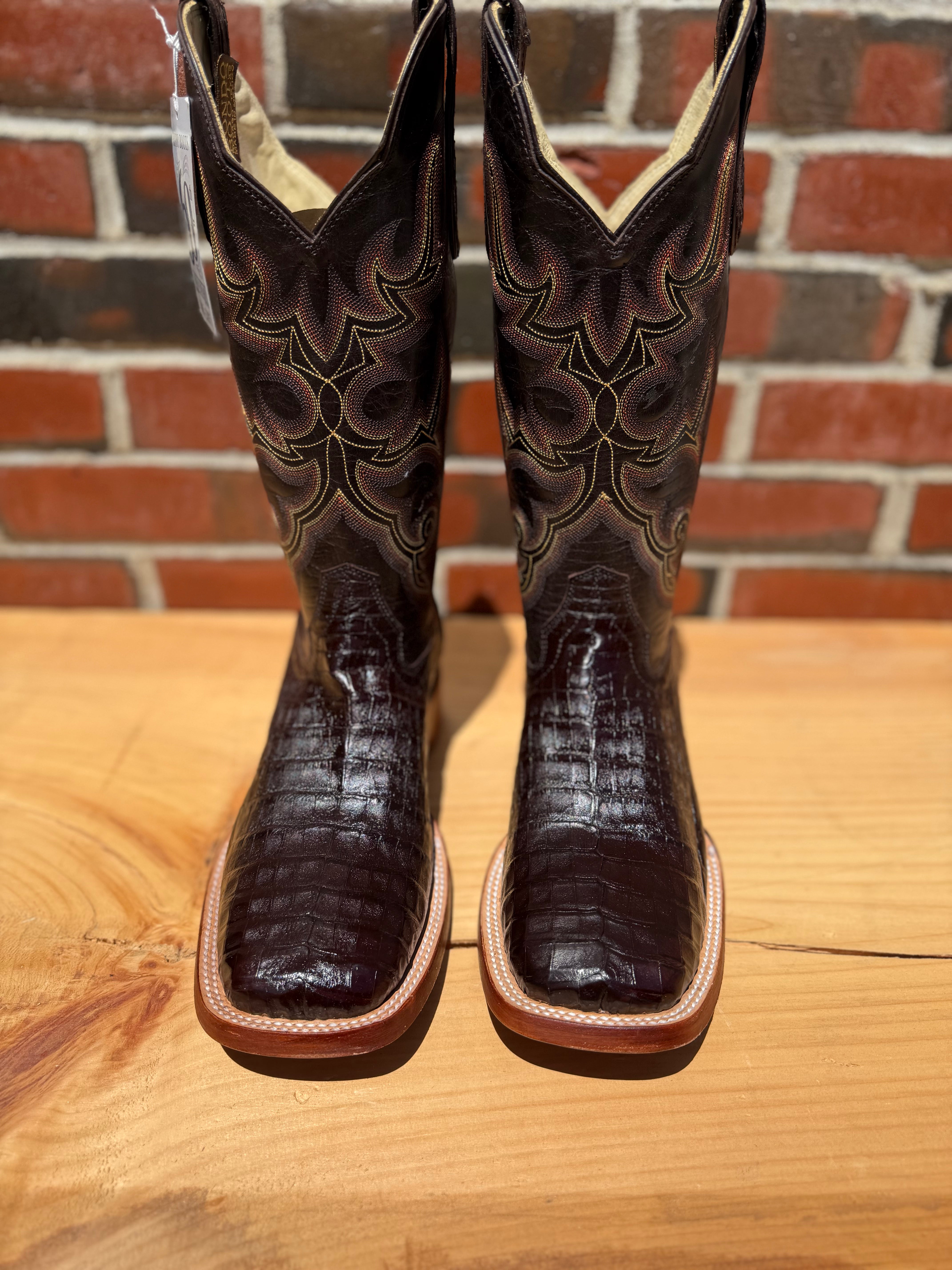Hondo | Brown Caiman Belly Cowboy Boots – 13" Brown Volcano Tops (Wide Square Toe)