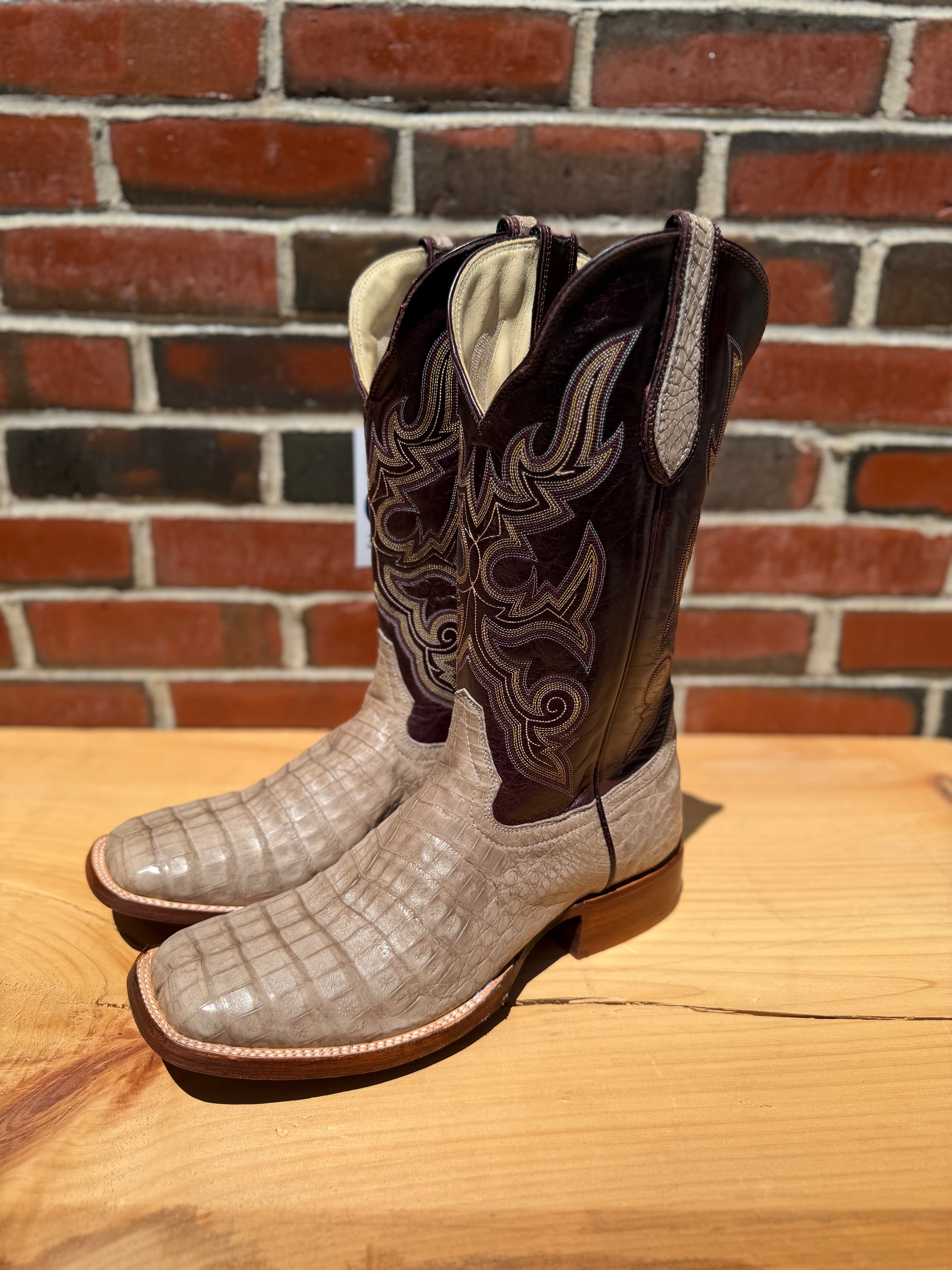 Hondo | Smoke Gray Caiman Belly Cowboy Boots – 13″ Wine Volcano Tops (Wide Square Toe)