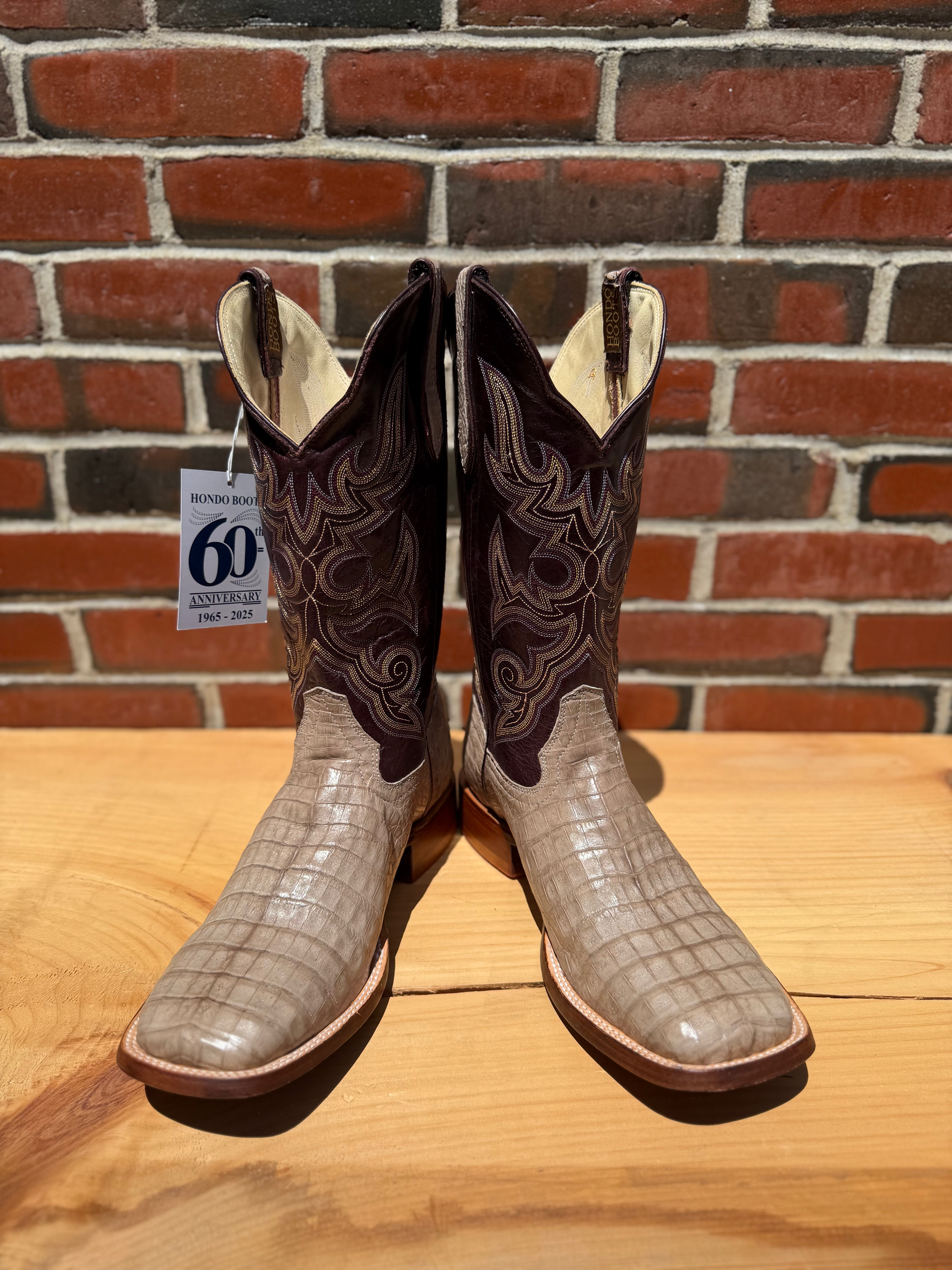 Hondo | Smoke Gray Caiman Belly Cowboy Boots – 13″ Wine Volcano Tops (Wide Square Toe)