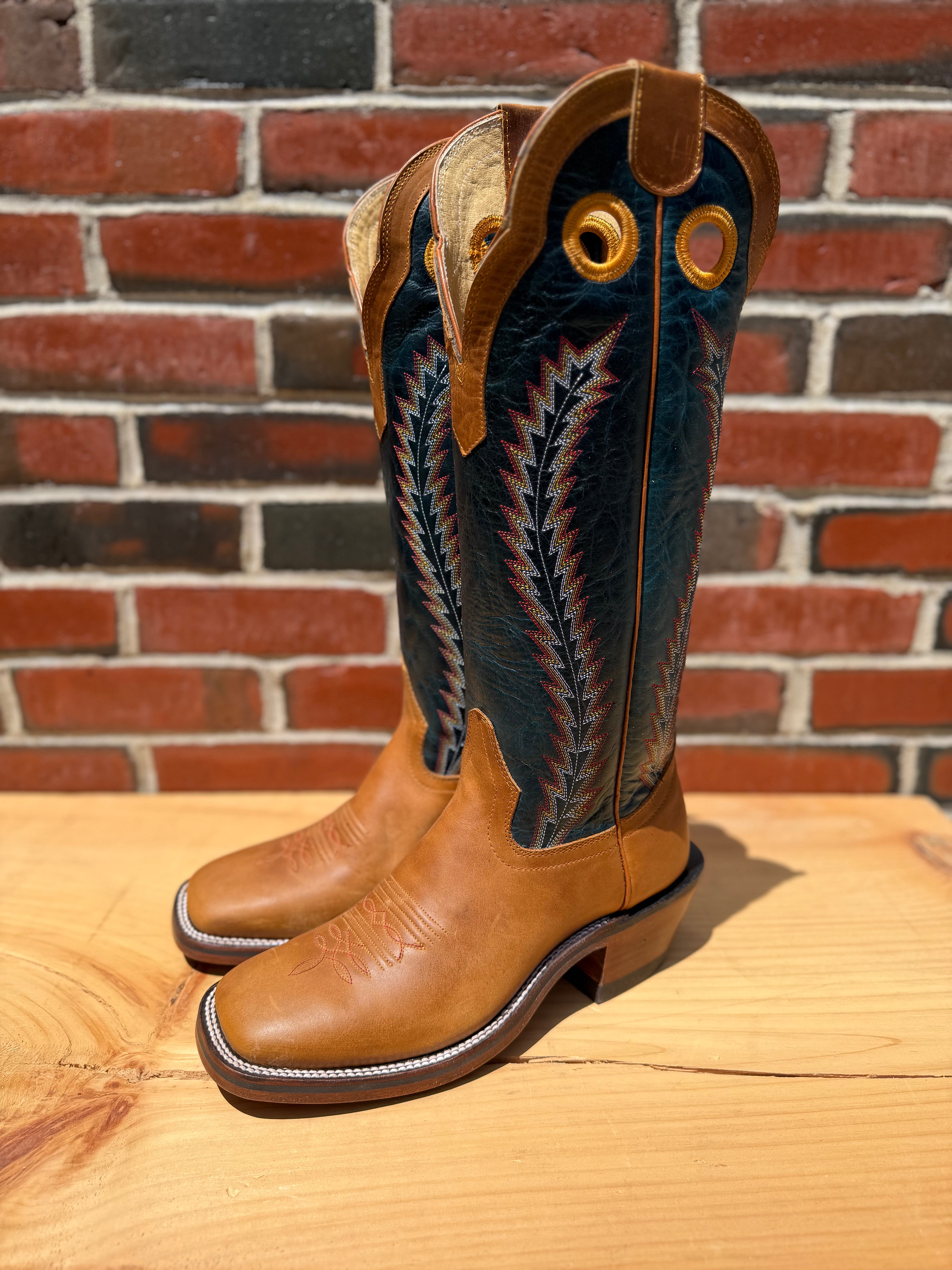 Handcrafted Hondo cowboy boots with honey crazy horse leather and navy volcano tops