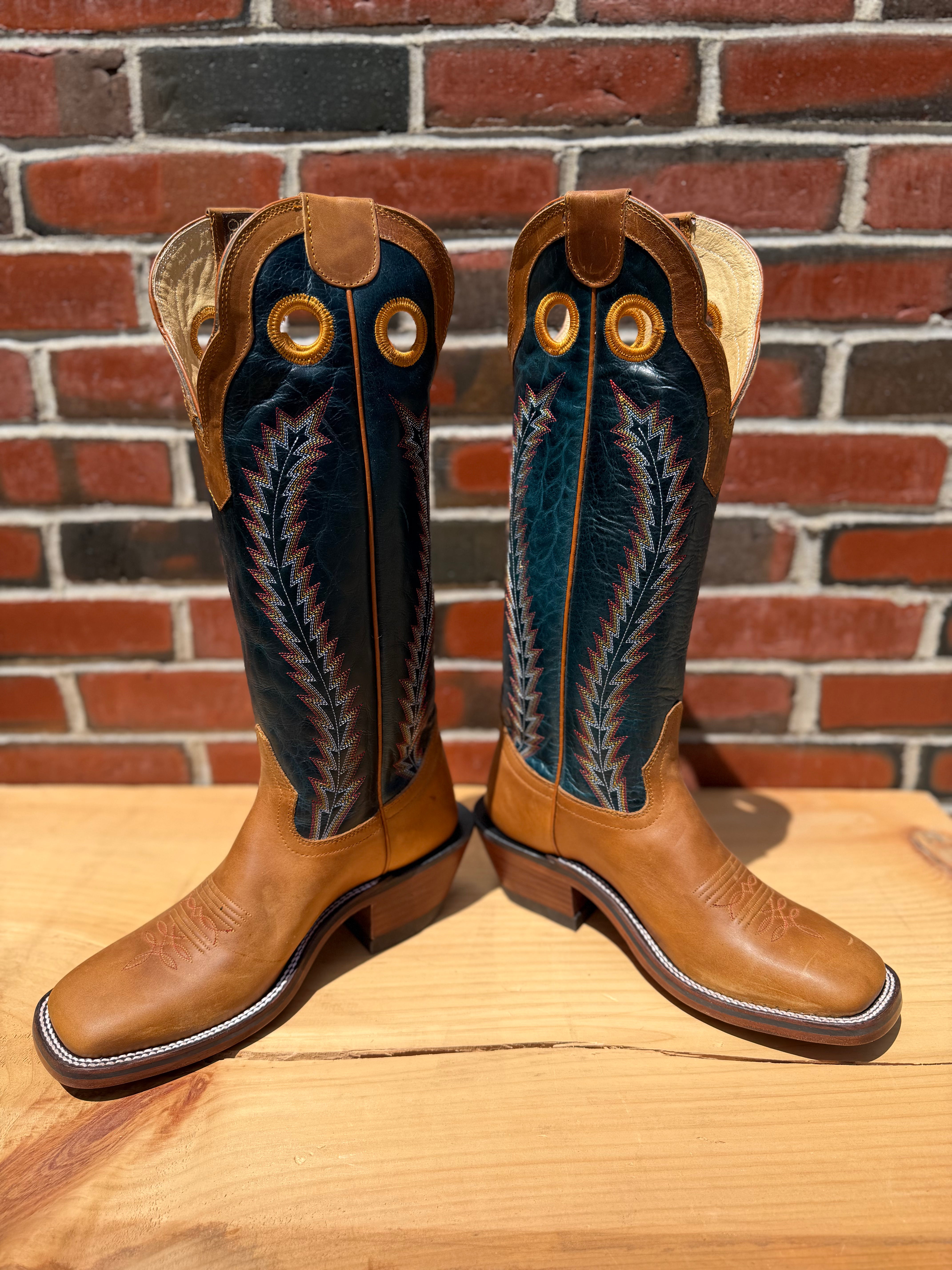 Handcrafted Hondo cowboy boots with honey crazy horse leather and navy volcano tops