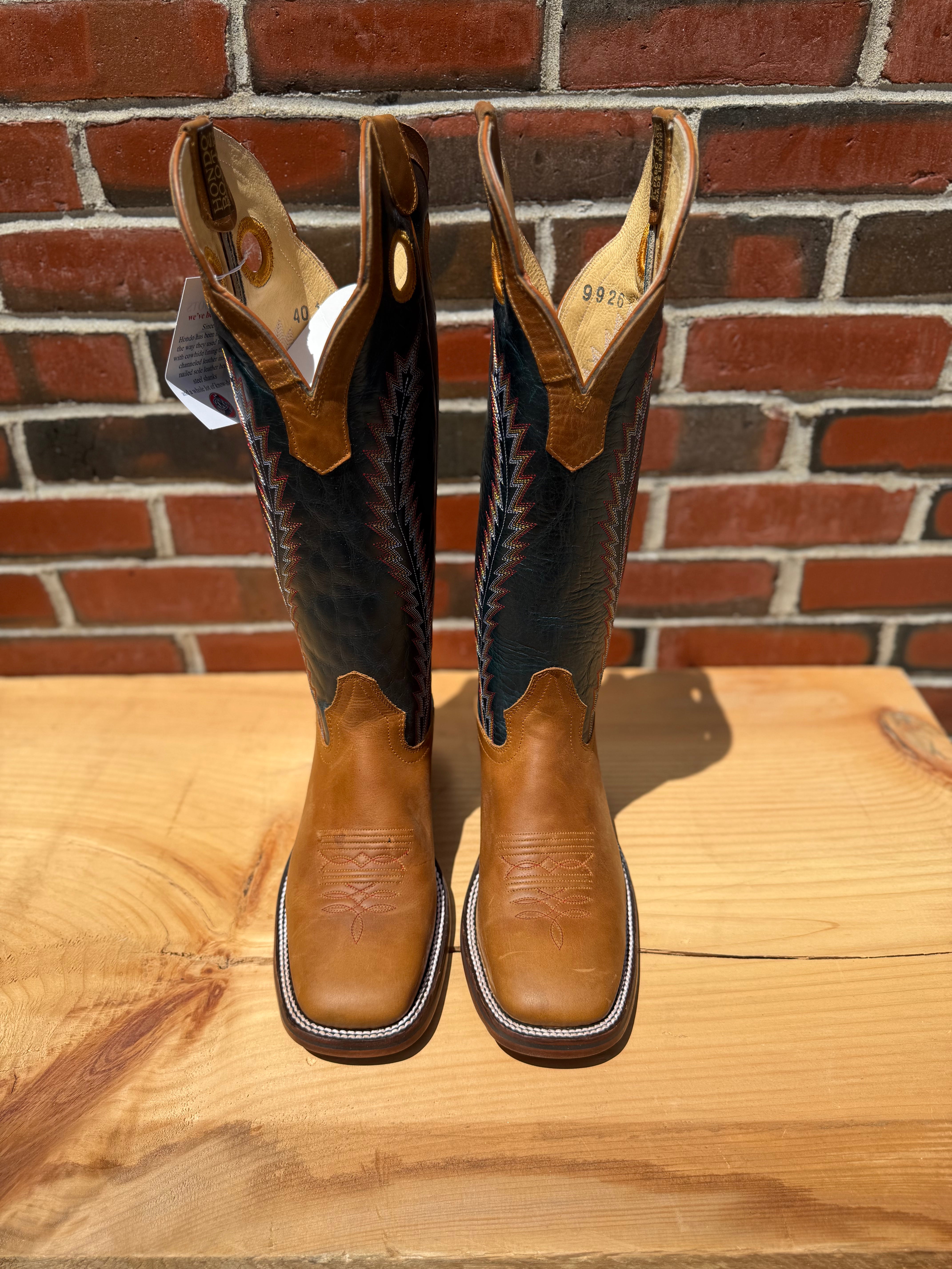 Handcrafted Hondo cowboy boots with honey crazy horse leather and navy volcano tops