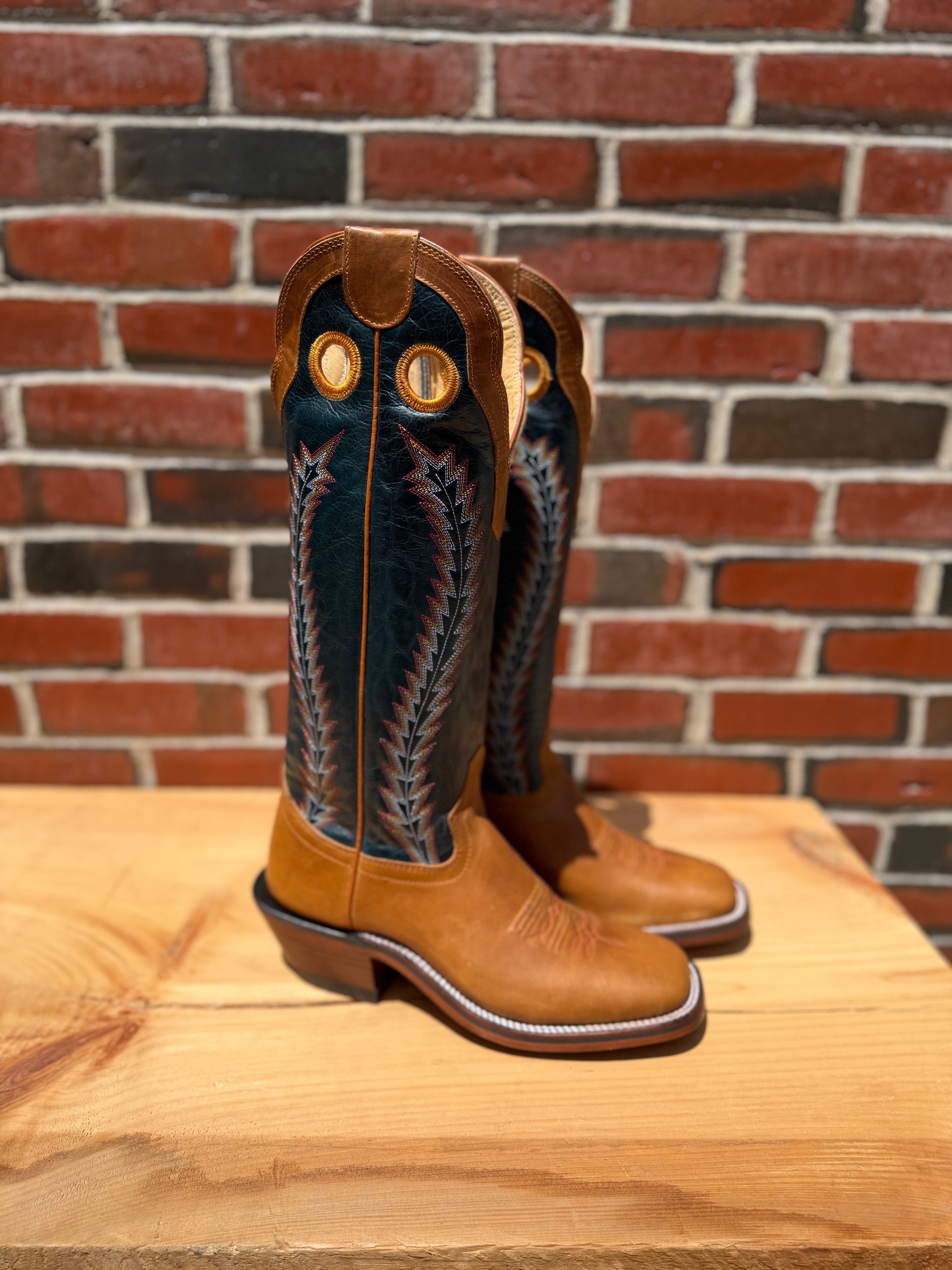 Handcrafted Hondo cowboy boots with honey crazy horse leather and navy volcano tops