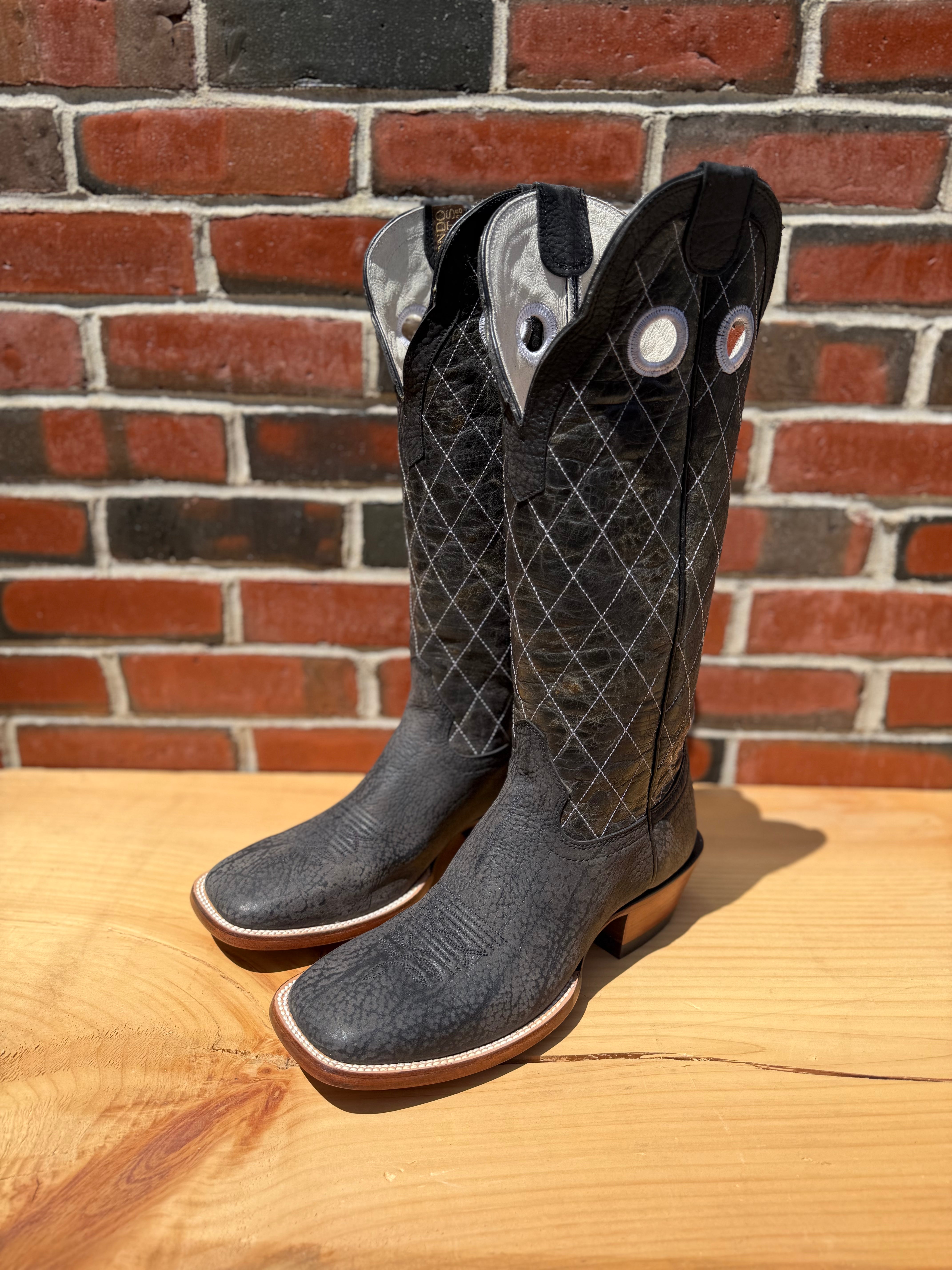 Handcrafted Hondo cowboy boots with black crazy shoulder leather and black crater tops