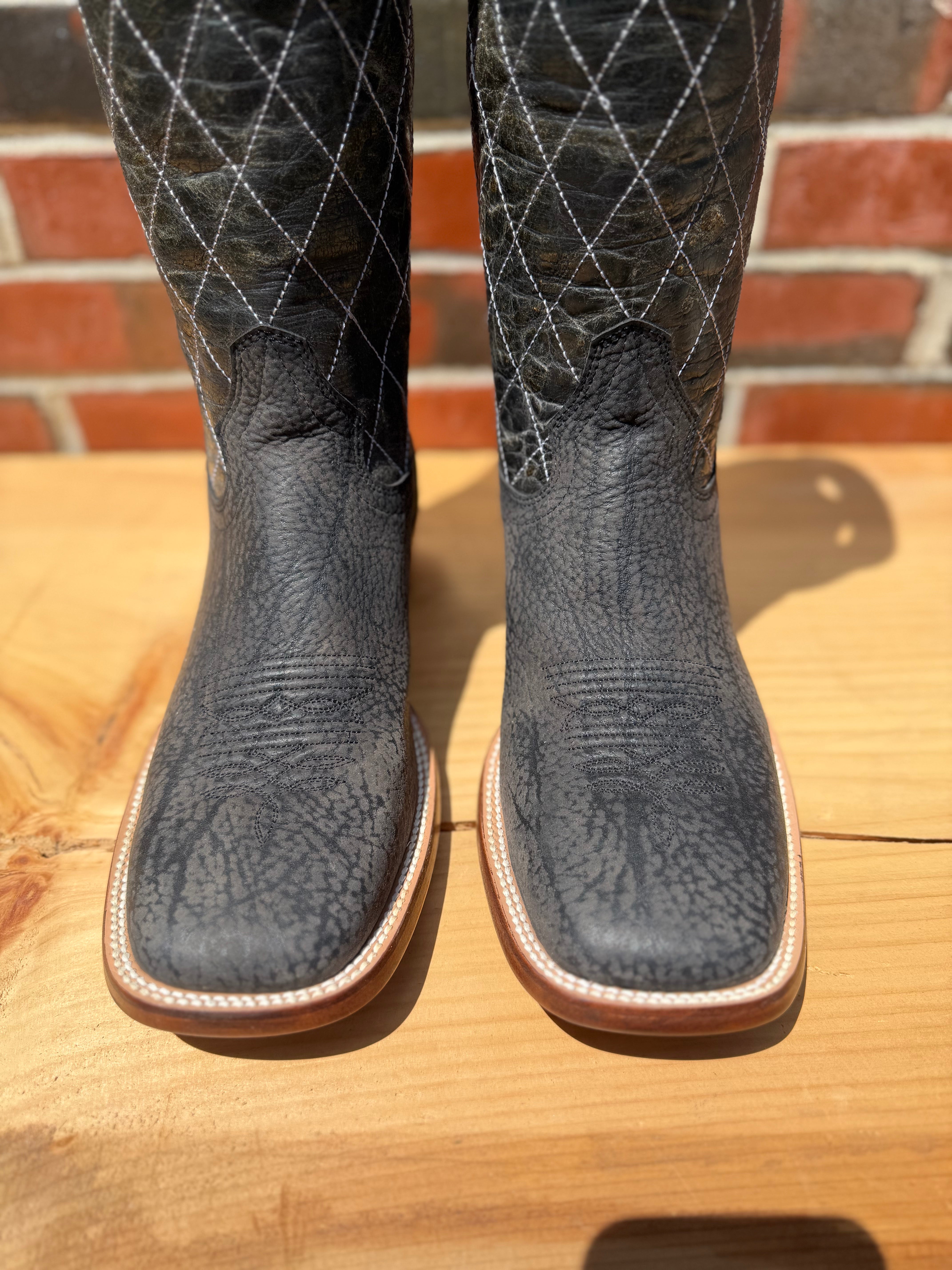 Handcrafted Hondo cowboy boots with black crazy shoulder leather and black crater tops