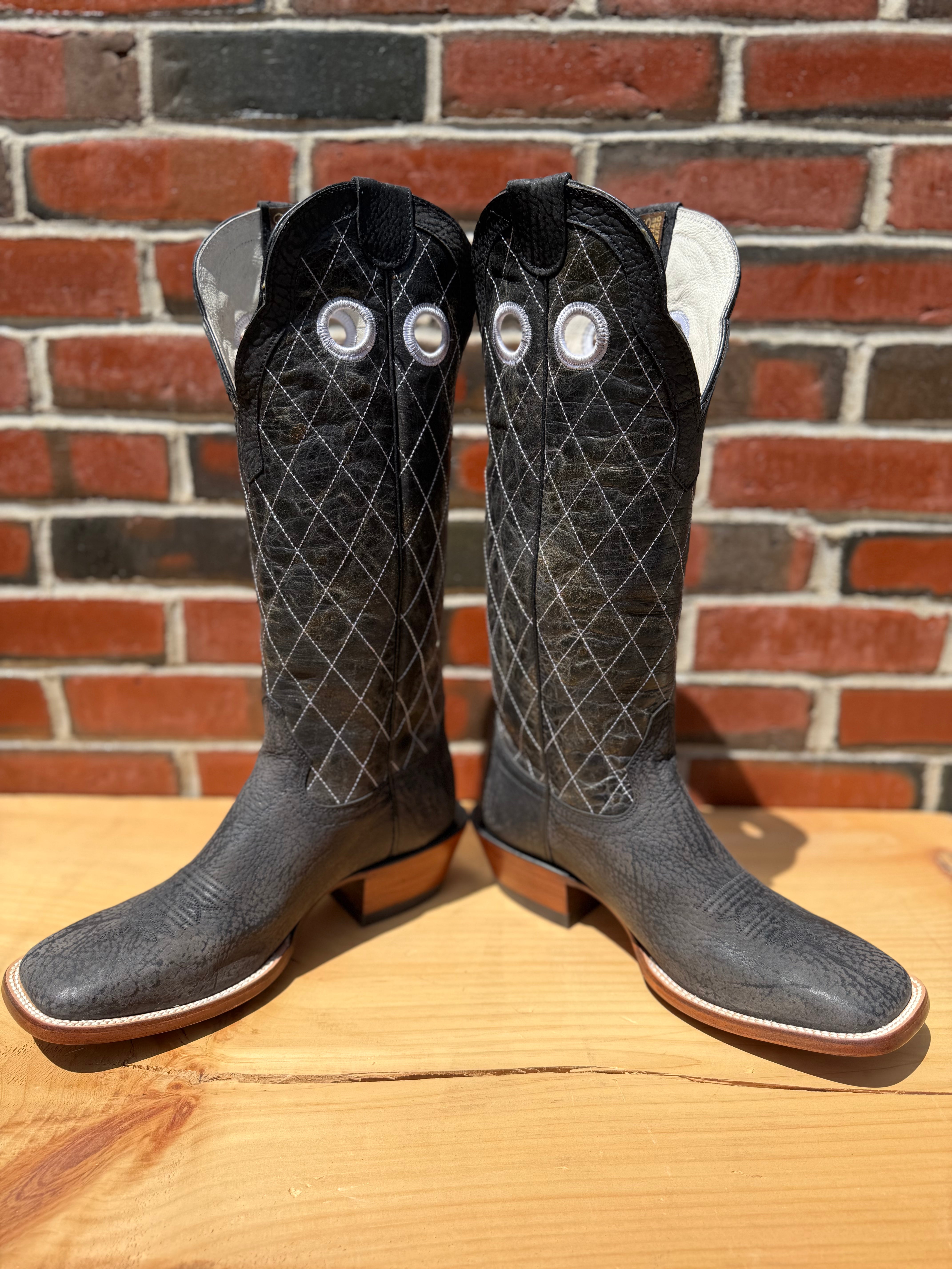 Handcrafted Hondo cowboy boots with black crazy shoulder leather and black crater tops