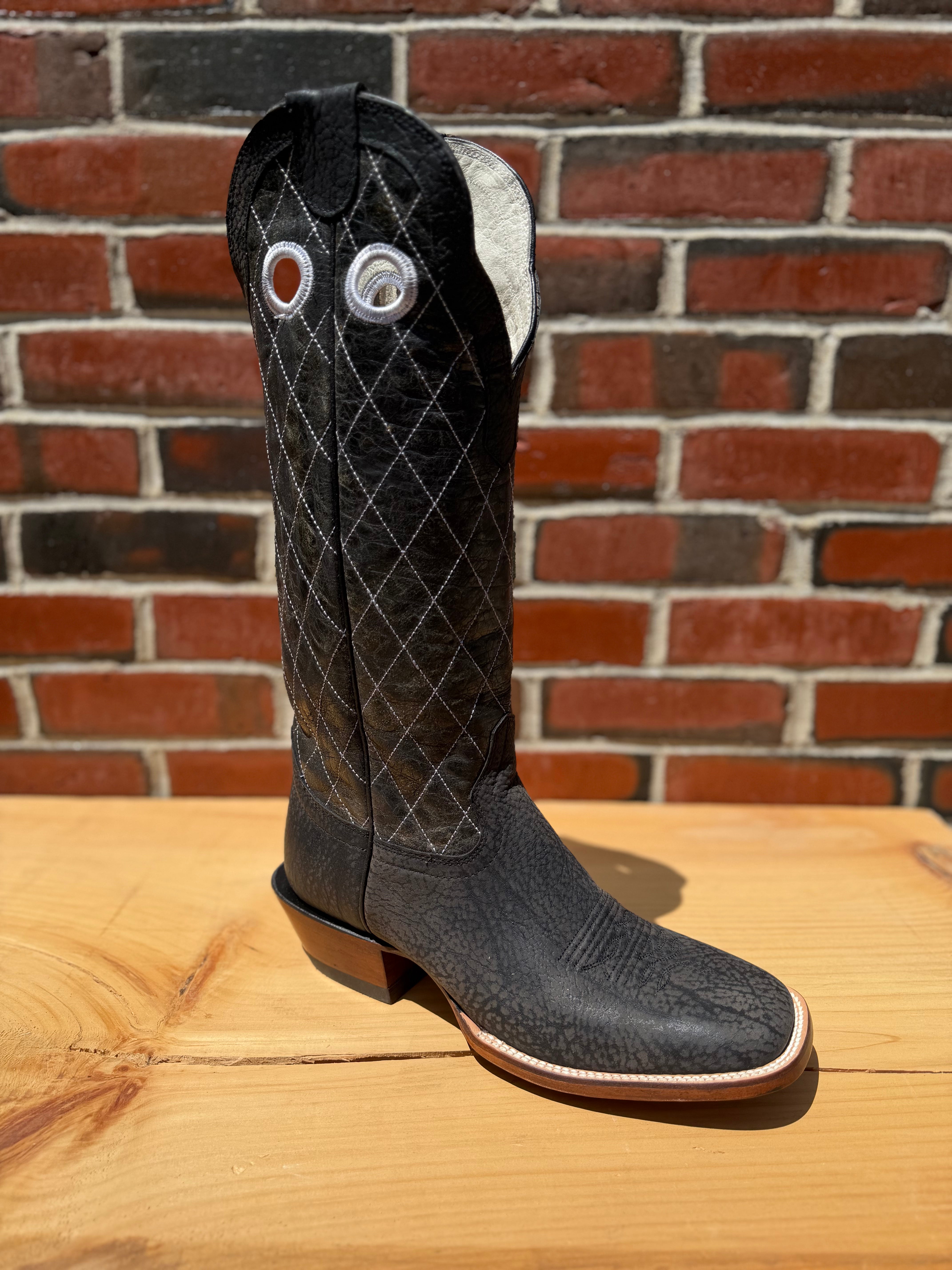 Handcrafted Hondo cowboy boots with black crazy shoulder leather and black crater tops